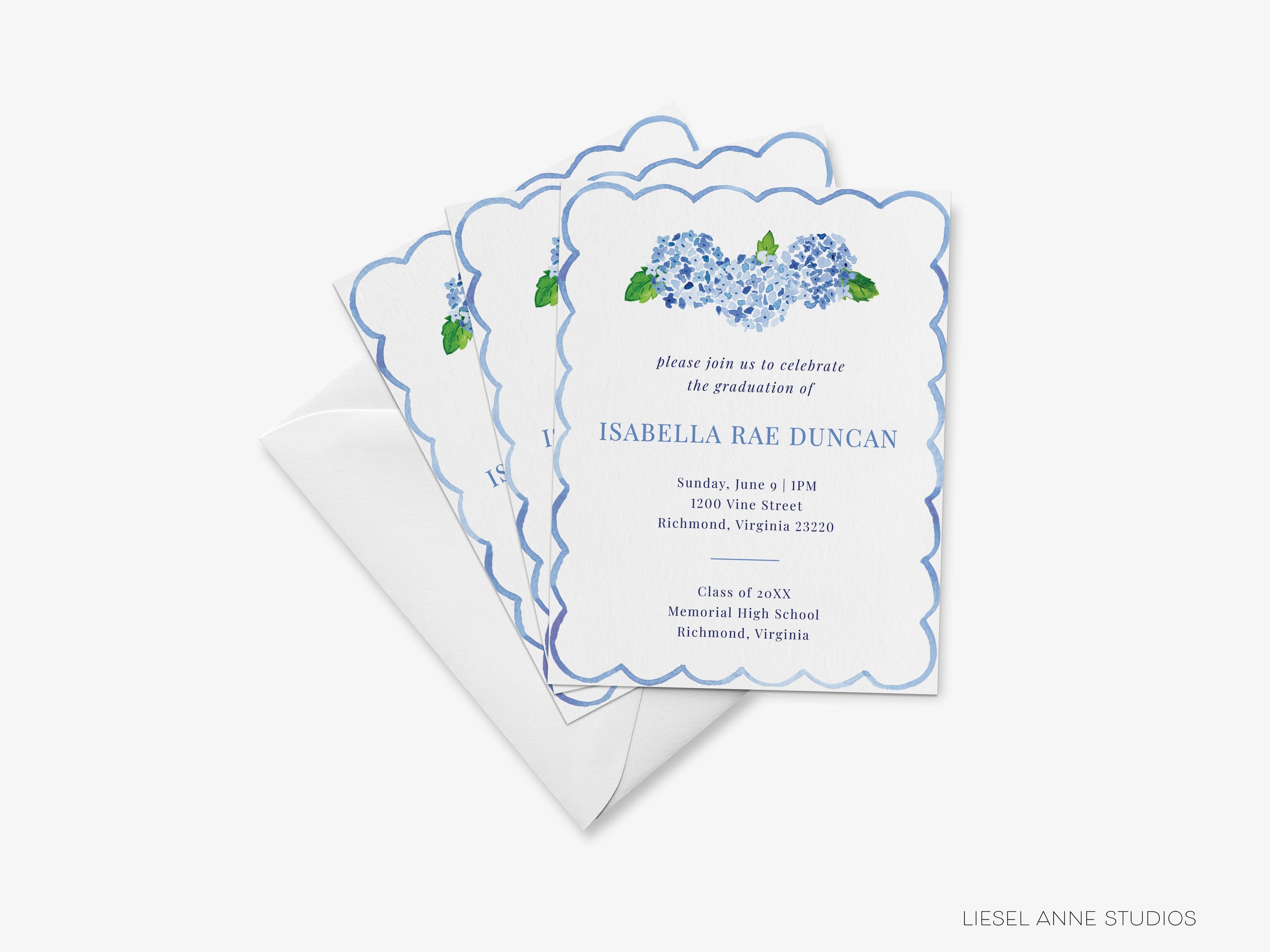 Hydrangea Graduation Invitations-These personalized flat graduation announcements are 4.25x5.5 and feature our hand-painted watercolor hydrangeas, printed in the USA on 120lb textured stock. They come with your choice of envelopes and make great grad invitations for friends and family.-The Singing Little Bird
