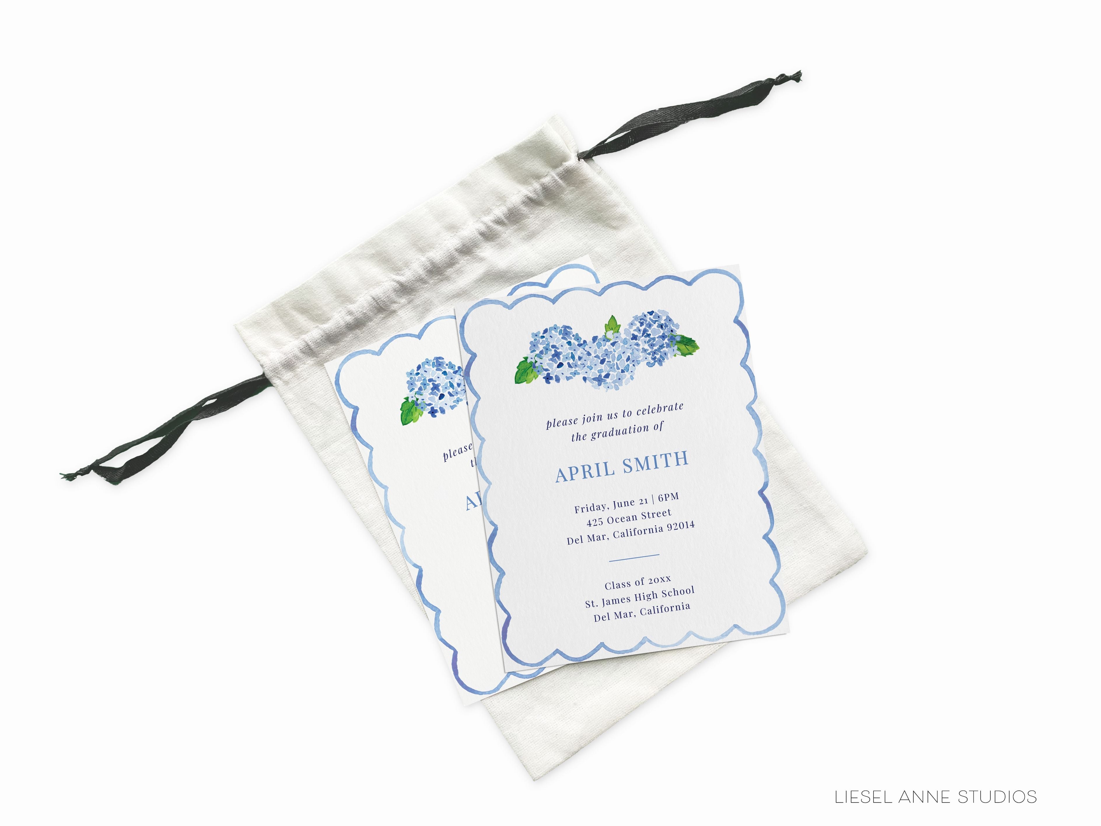 Hydrangea Graduation Invitations-These personalized flat graduation announcements are 4.25x5.5 and feature our hand-painted watercolor hydrangeas, printed in the USA on 120lb textured stock. They come with your choice of envelopes and make great grad invitations for friends and family.-The Singing Little Bird