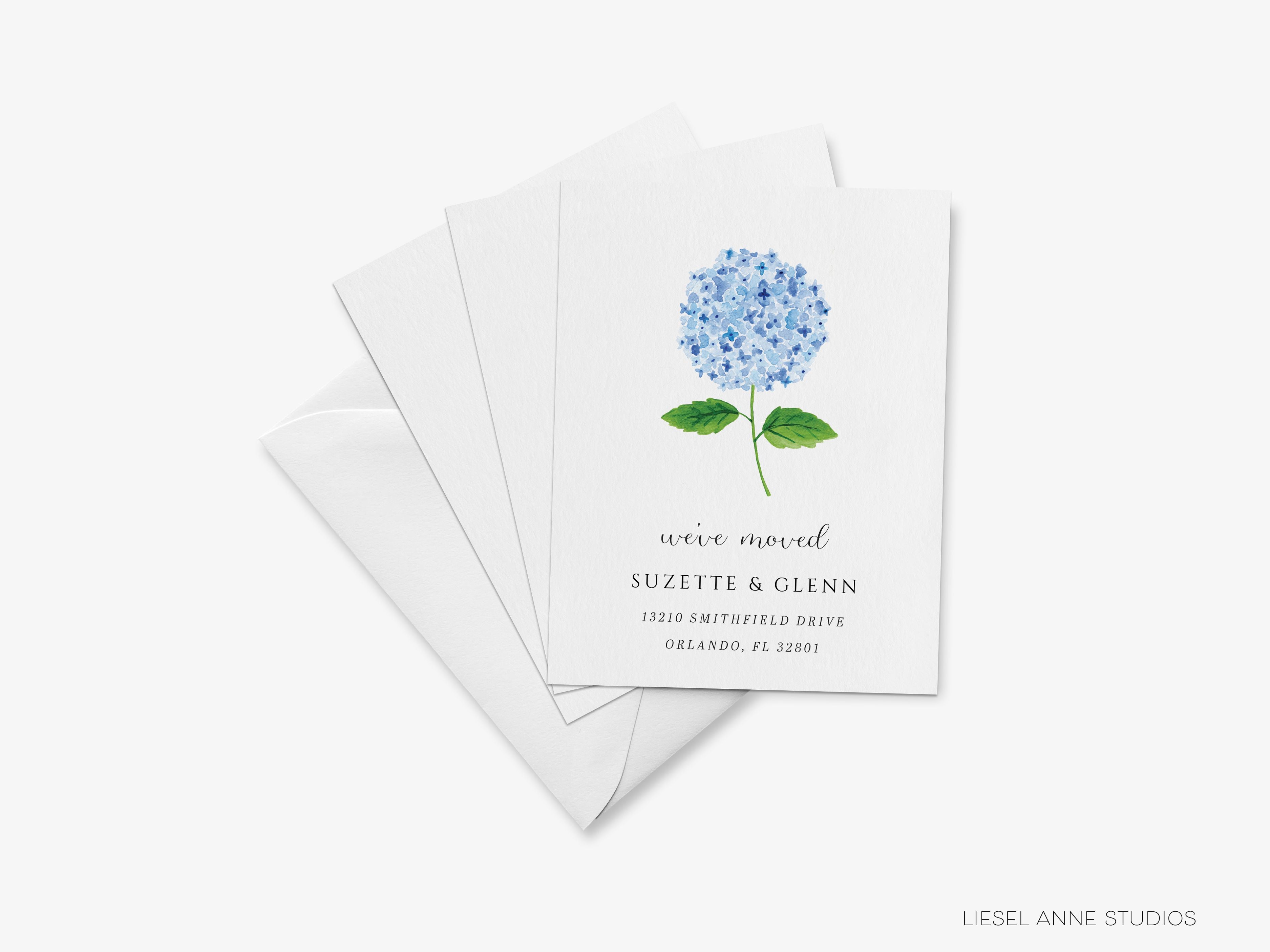 Hydrangea Moving Announcement-These personalized flat change of address cards are 4.25x5.5 and feature our hand-painted watercolor Hydrangea, printed in the USA on 120lb textured stock. They come with your choice of envelopes and make great moving announcements for the floral lover.-The Singing Little Bird