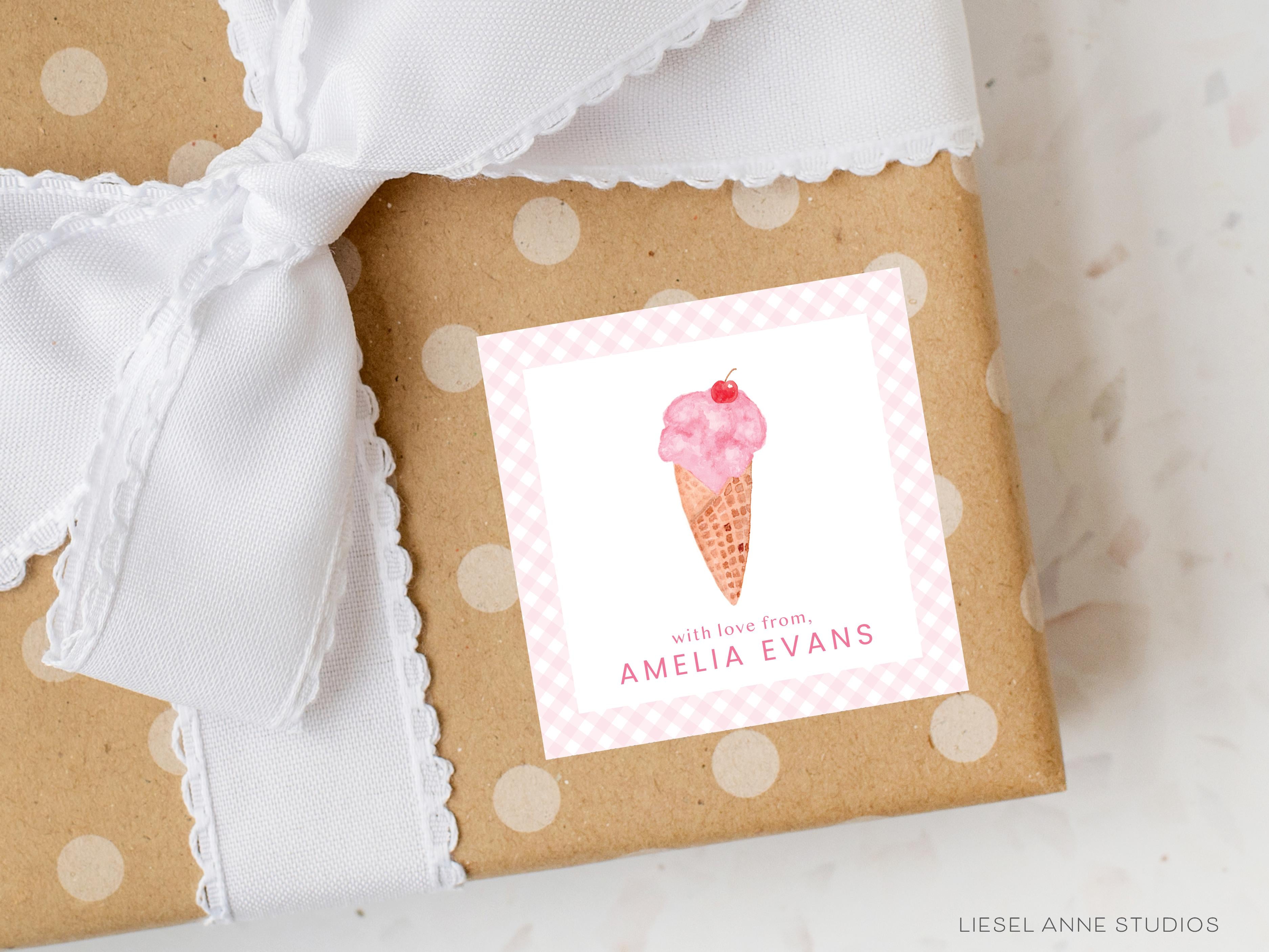 Ice Cream Cone Personalized Gift Stickers-These personalized gift stickers come in sets of 24 and feature our hand-painted watercolor ice cream cone. They make gifting easy for any occasion and elevate the look of your gifts!-The Singing Little Bird