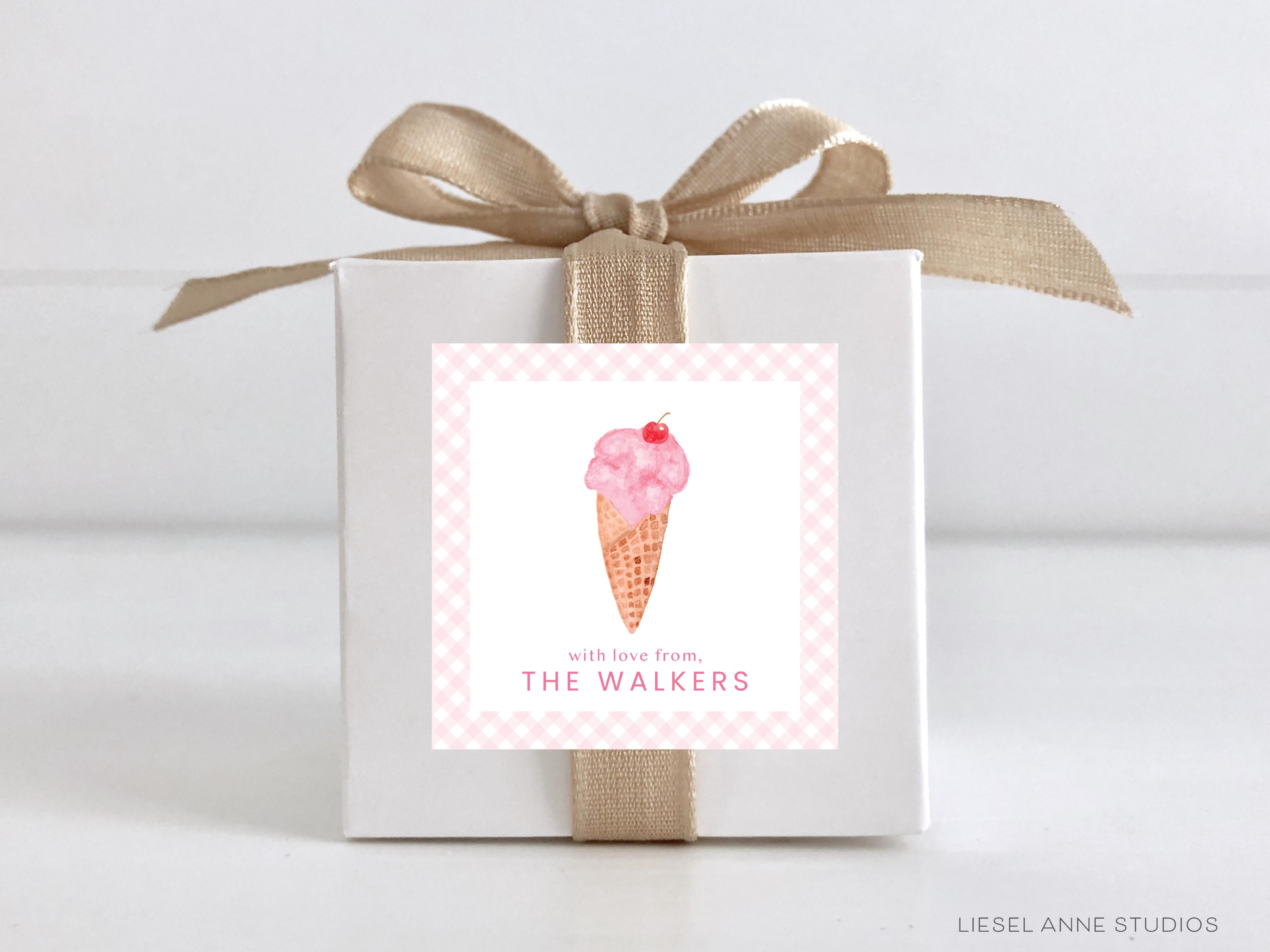 Ice Cream Cone Personalized Gift Stickers-These personalized gift stickers come in sets of 24 and feature our hand-painted watercolor ice cream cone. They make gifting easy for any occasion and elevate the look of your gifts!-The Singing Little Bird