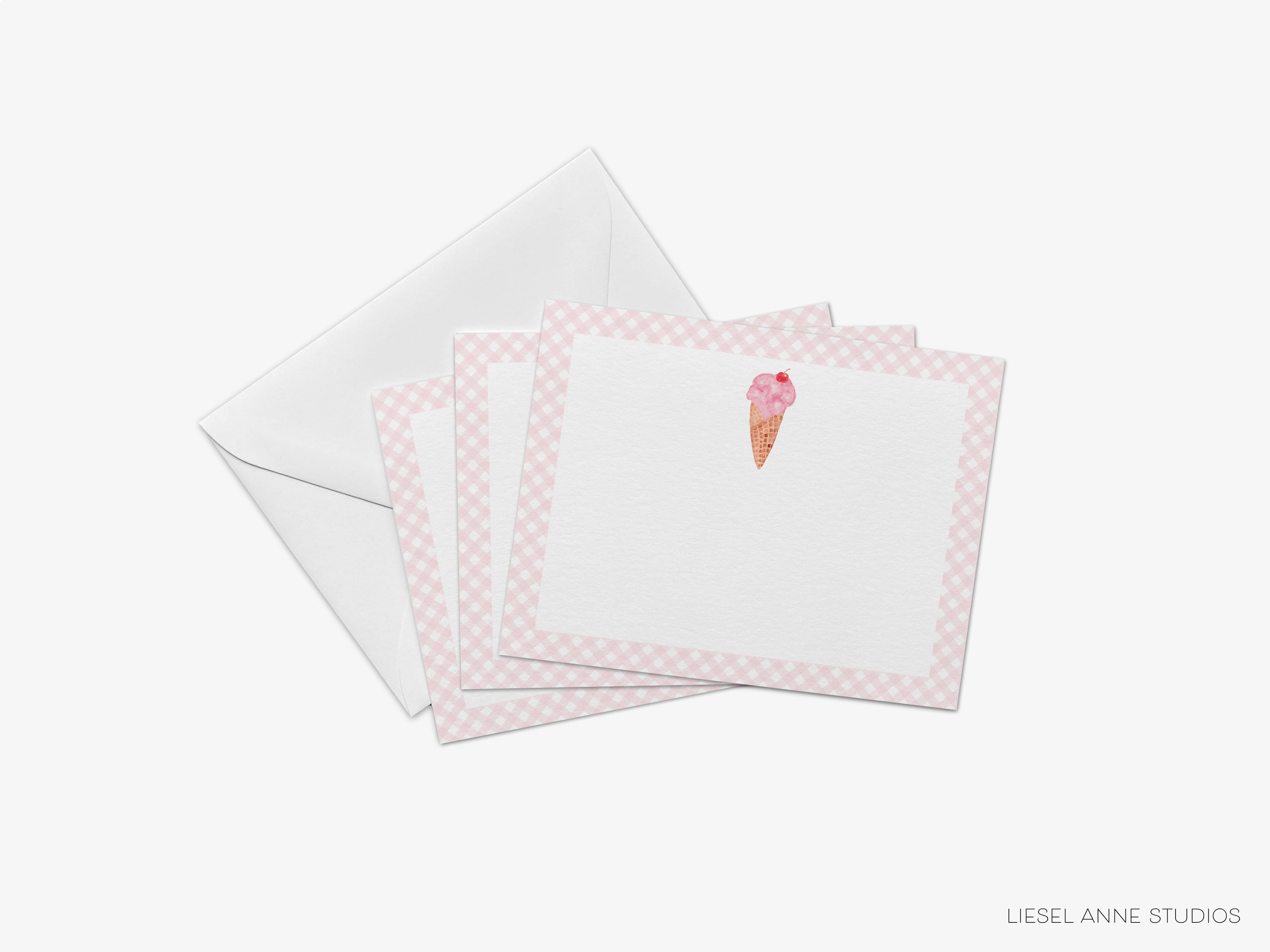 Ice Cream Flat Notes [Sets of 8]-These flat notecards are 4.25x5.5 and feature our hand-painted watercolor Ice Cream Cone, printed in the USA on 120lb textured stock. They come with white envelopes and make great thank yous and gifts for the ice cream lover in your life.-The Singing Little Bird