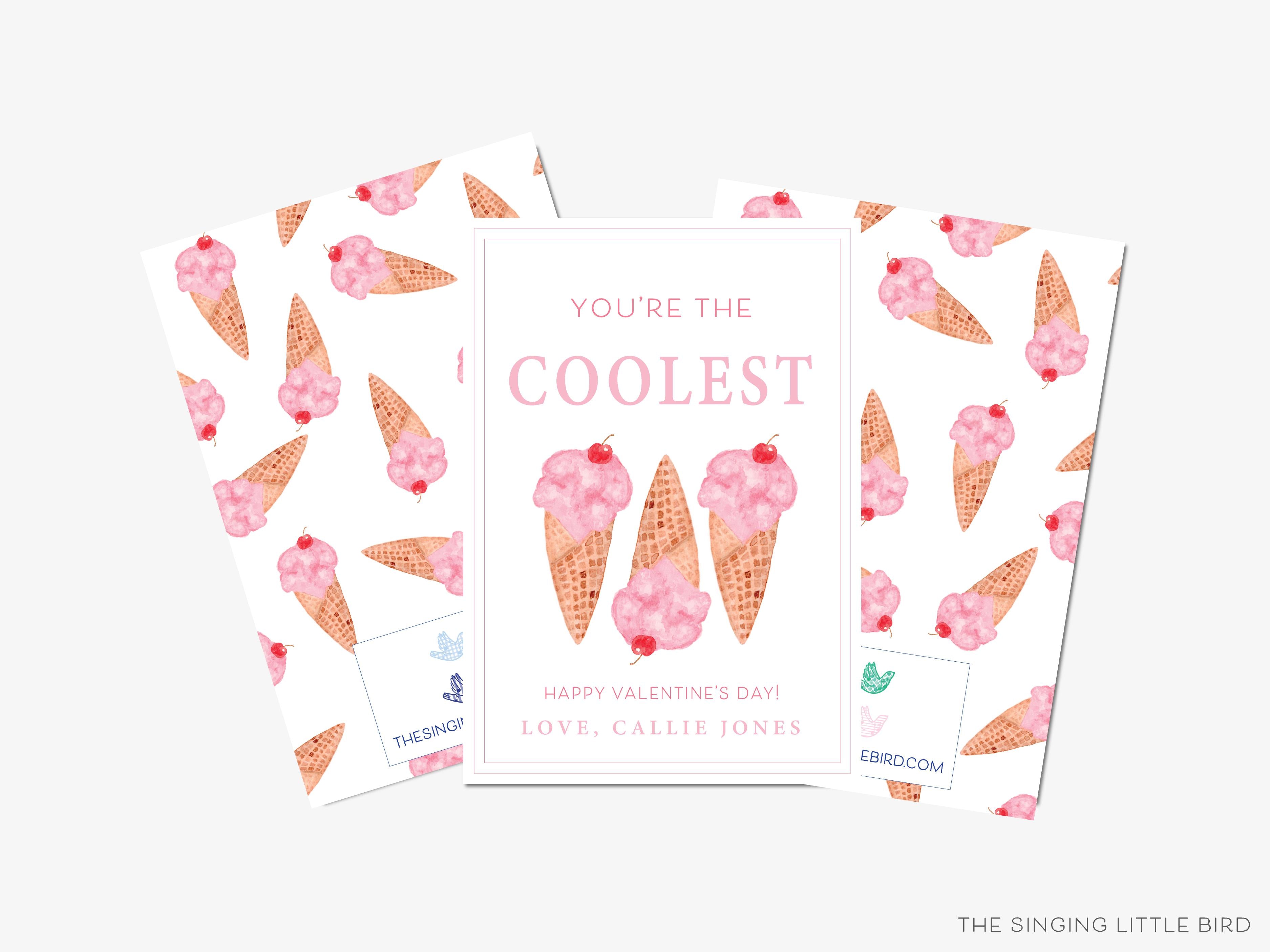 Ice Cream Valentine's Day Cards-These personalized flat notecards are 3.5" x 4.875 and feature our hand-painted watercolor Ice Cream Cone, printed in the USA on 120lb textured stock. They come with white envelopes and make great Valentine's Day cards for kids and ice cream lovers in your life.-The Singing Little Bird