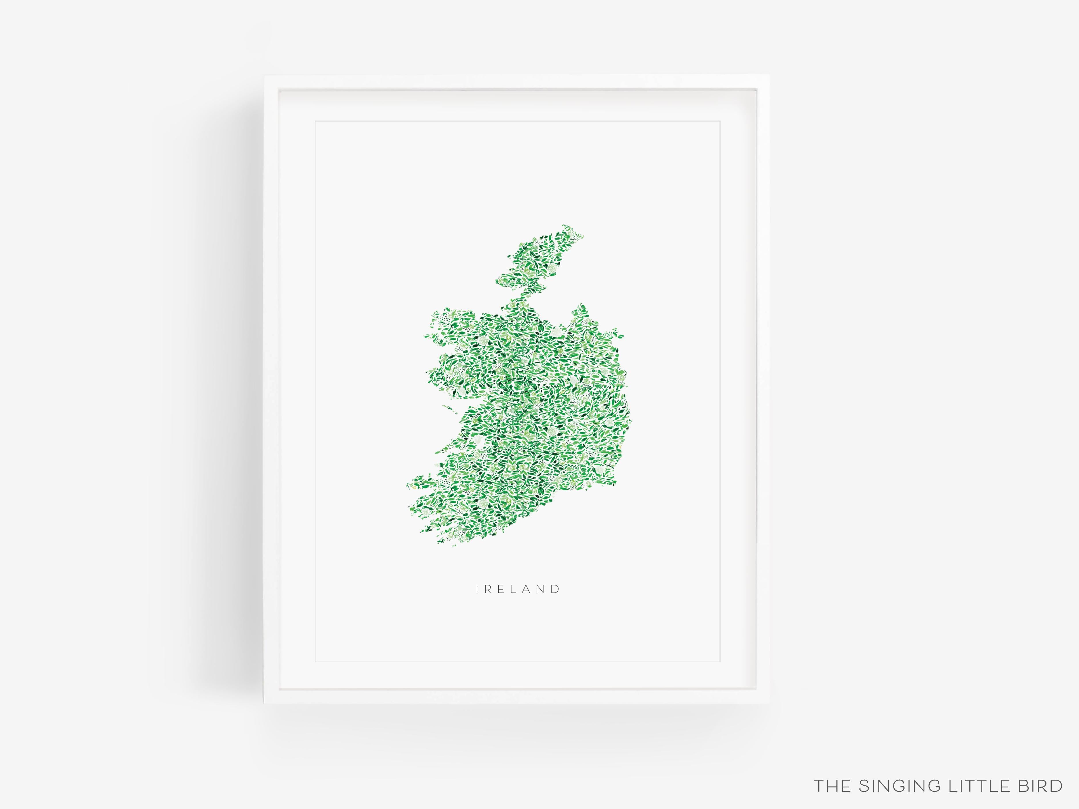 Ireland Art Print with Text-This watercolor art print features our hand-painted floral pattern in the shape of Ireland, printed in the USA on 120lb high quality art paper. This makes a great gift or wall decor for the Irish lover in your life.-The Singing Little Bird
