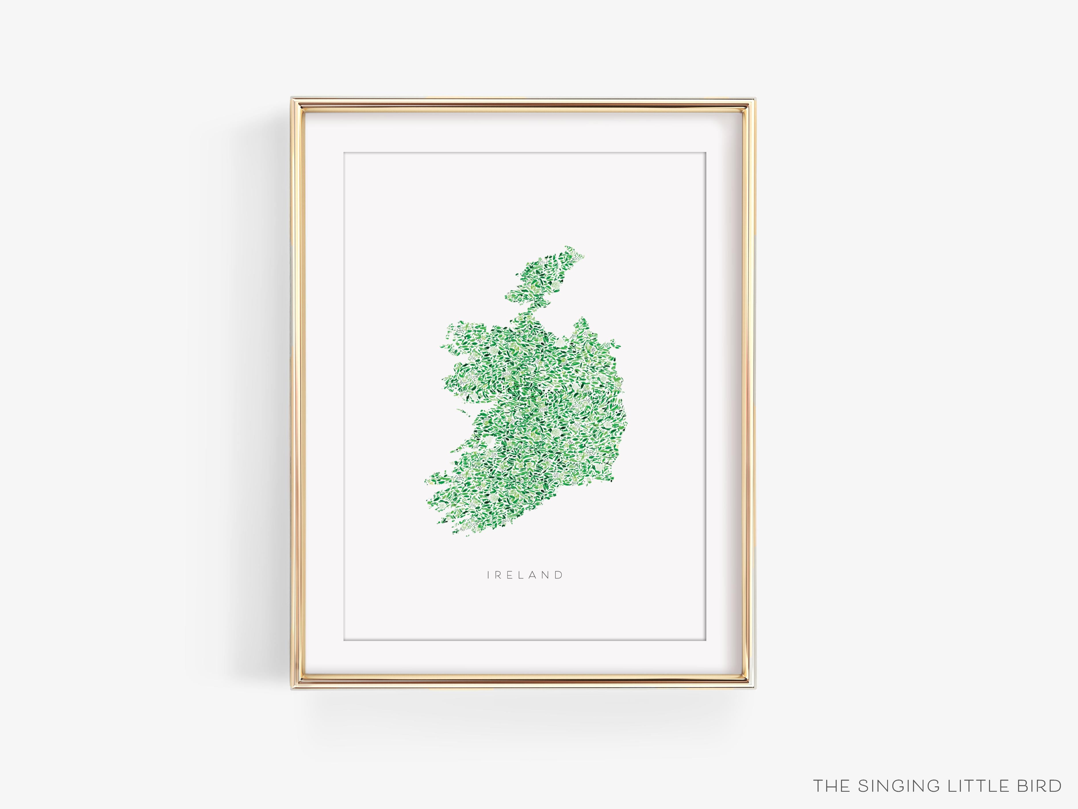 Ireland Art Print with Text-This watercolor art print features our hand-painted floral pattern in the shape of Ireland, printed in the USA on 120lb high quality art paper. This makes a great gift or wall decor for the Irish lover in your life.-The Singing Little Bird