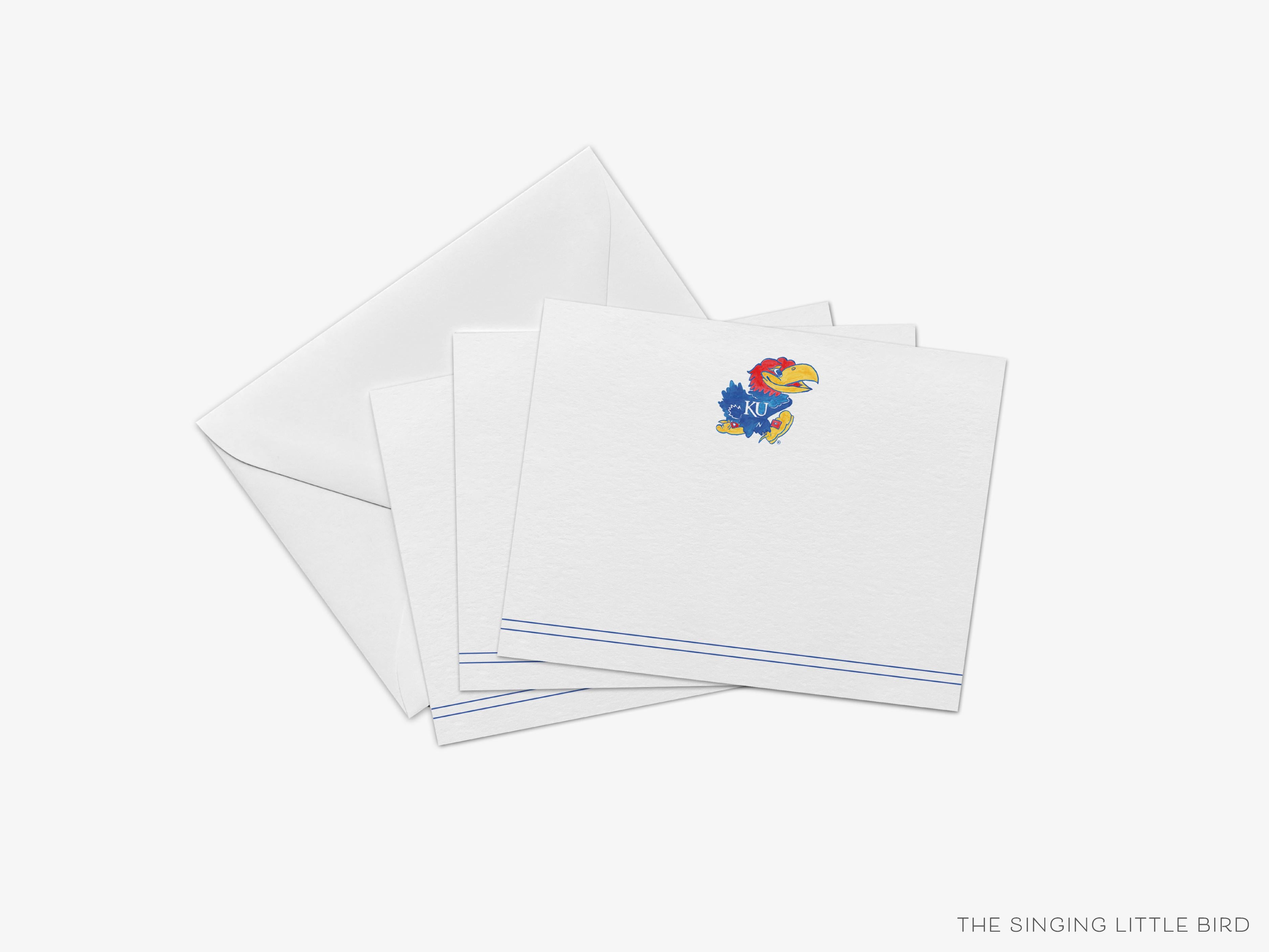Jayhawk Flat Notes - [Officially Licensed][Sets of 8]-These flat notecards are 4.25x5.5 and feature our hand-painted watercolor Kansas Jayhawk, printed in the USA on 120lb textured stock. They come with white envelopes and make great thank yous and gifts for the University of Kansas lover in your life.-The Singing Little Bird