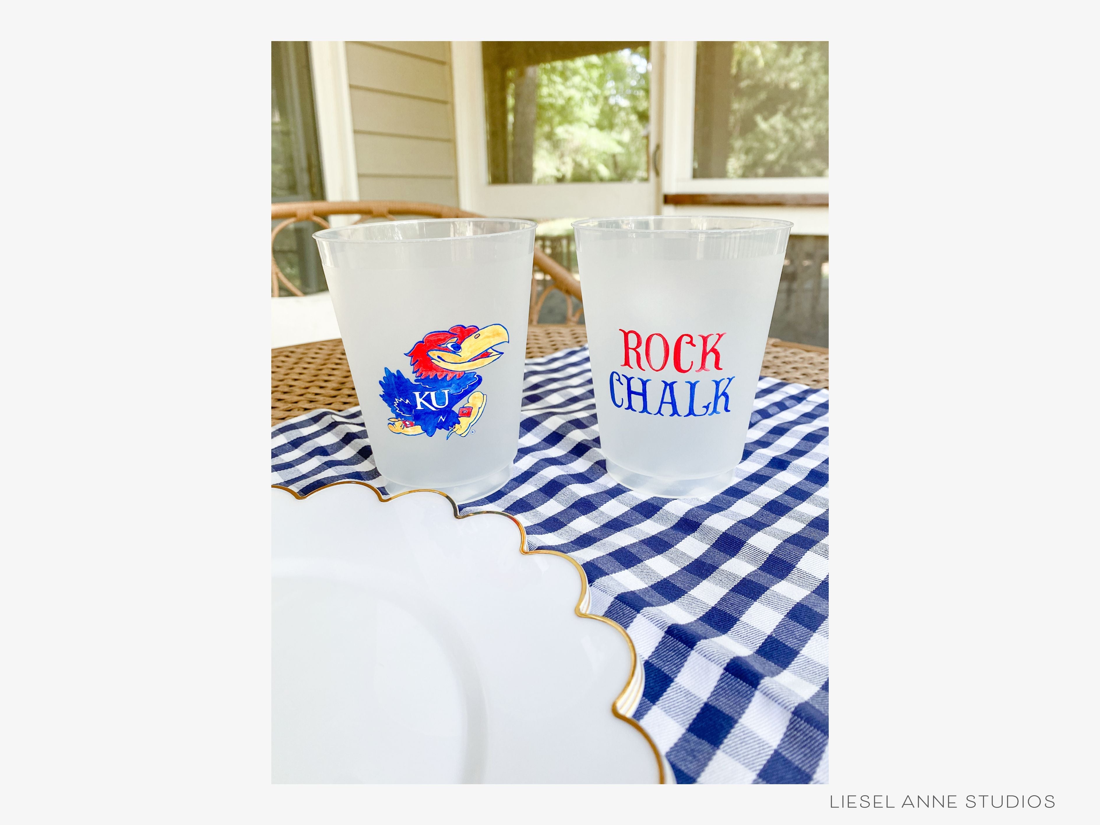 Jayhawk *Officially Licensed* 16oz Shatterproof Cups (Set of 8)-These officially licensed Kansas Jayhawk shatterproof cups feature our hand-painted Jayhawk and Rock Chalk text and make great party decorations for watch parties, graduation, game days and more! They come in sets of 8 and are re-usable for other parties to come or make wonderful party favors!-The Singing Little Bird