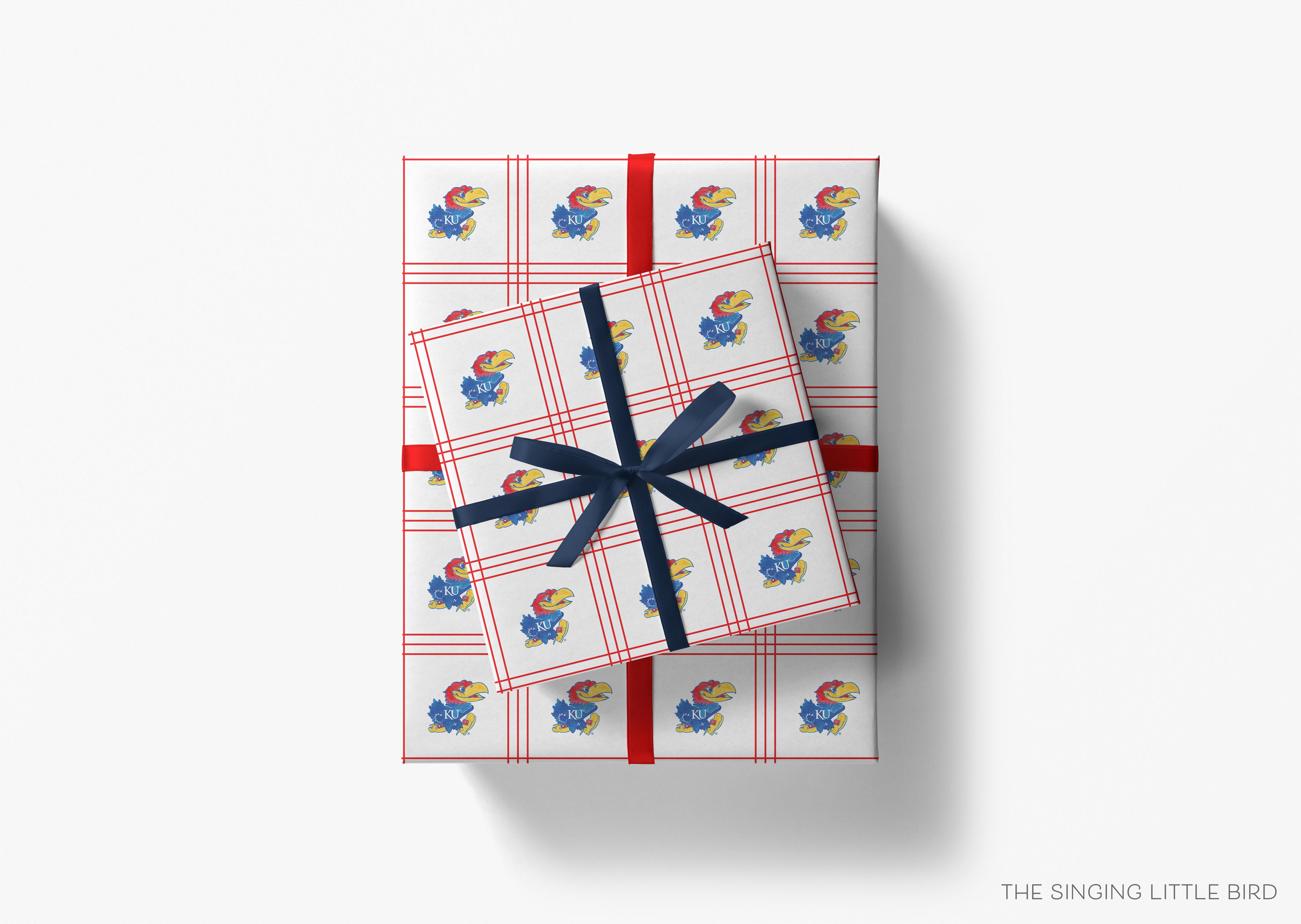Jayhawk Windowpane Gift Wrap - Officially Licensed-This matte finish gift wrap features our hand-painted watercolor Kansas Jayhawks. It makes a perfect wrapping paper for any celebration present for a University of Kanas lover. -The Singing Little Bird
