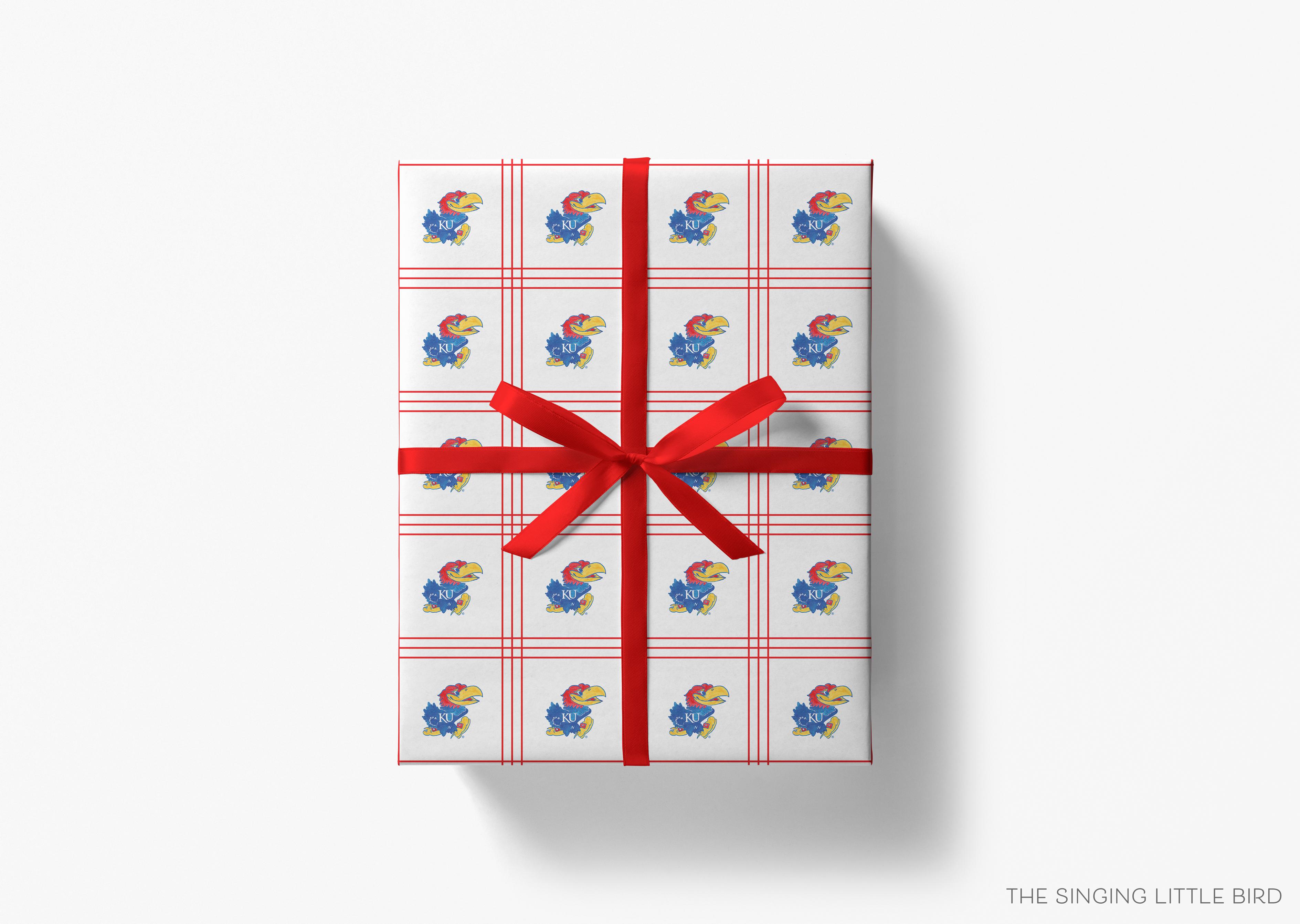Jayhawk Windowpane Gift Wrap - Officially Licensed-This matte finish gift wrap features our hand-painted watercolor Kansas Jayhawks. It makes a perfect wrapping paper for any celebration present for a University of Kanas lover. -The Singing Little Bird
