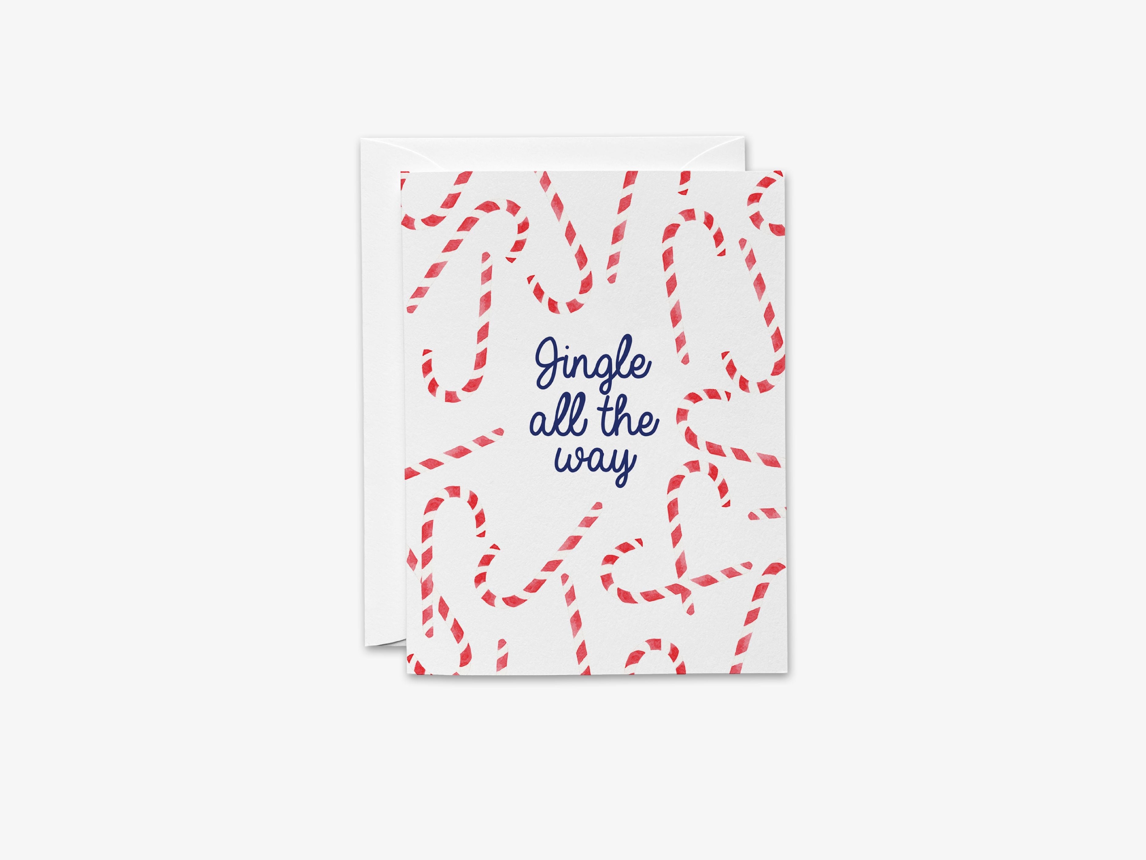 Jingle All The Way Christmas Card-These folded greeting cards are 4.25x5.5 and feature our hand-painted candy canes, printed in the USA on 100lb textured stock. They come with a White envelope and make a great Christmas card for the peppermint lover in your life.-The Singing Little Bird