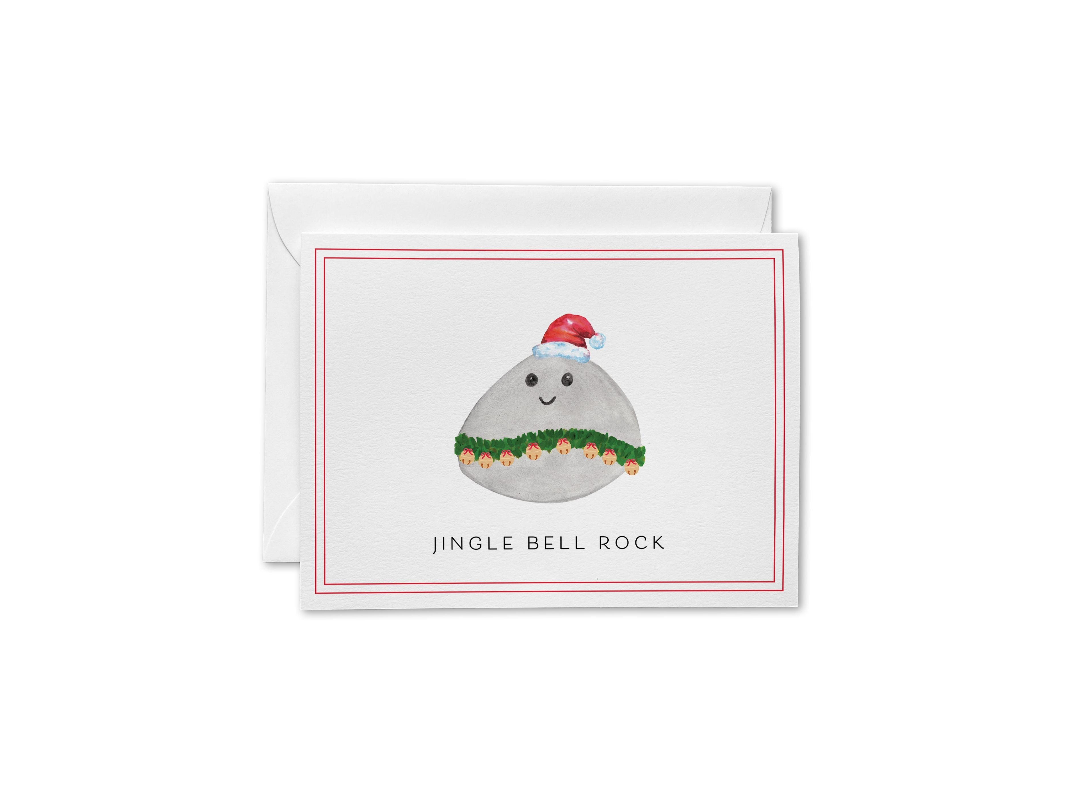 Jingle Bell Rock Christmas Card-These folded greeting cards are 4.25x5.5 and feature our hand-painted rock with Santa hat, printed in the USA on 100lb textured stock. They come with a White envelope and make a great happy holidays card for the holiday pun lover in your life.-The Singing Little Bird