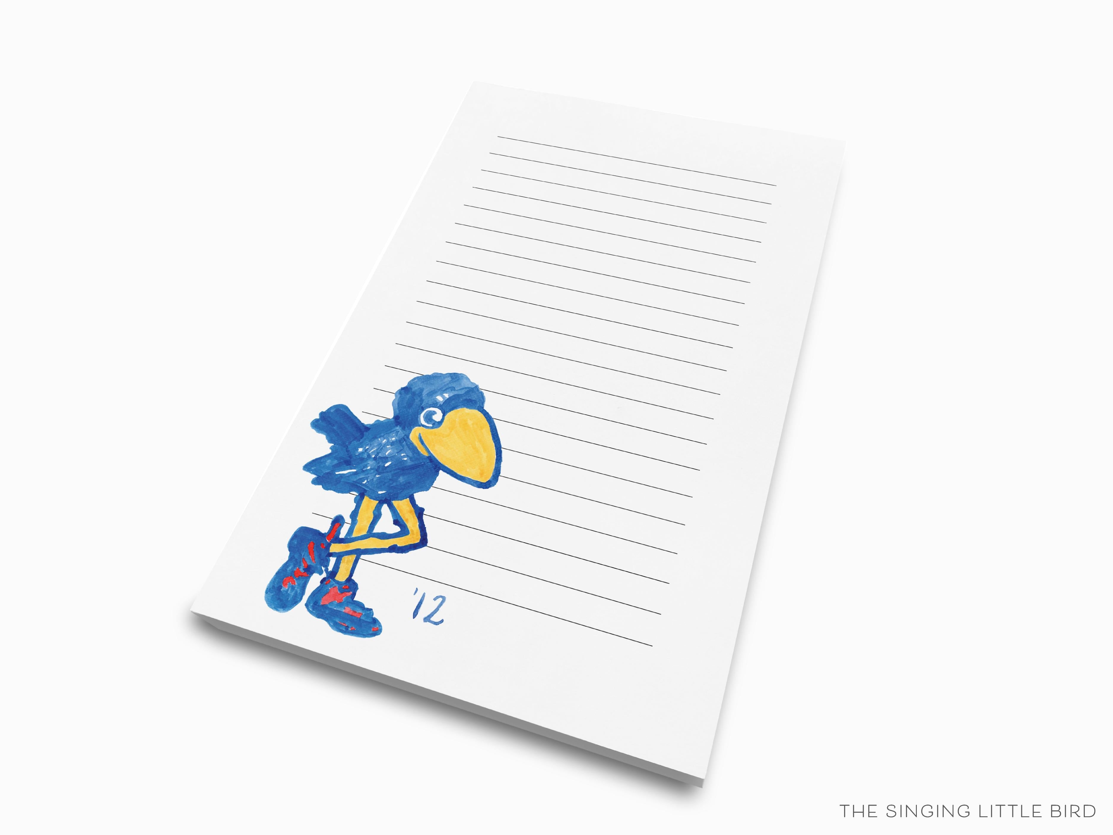 Kansas 1912 Jayhawk Notepad [Officially Licensed]-These notepads feature our hand-painted watercolor 1912 Jayhawk, printed in the USA on a beautiful smooth stock. You choose which size you want (or bundled together for a beautiful gift set) and makes a great gift for the checklist and University of Kansas lover in your life.-The Singing Little Bird