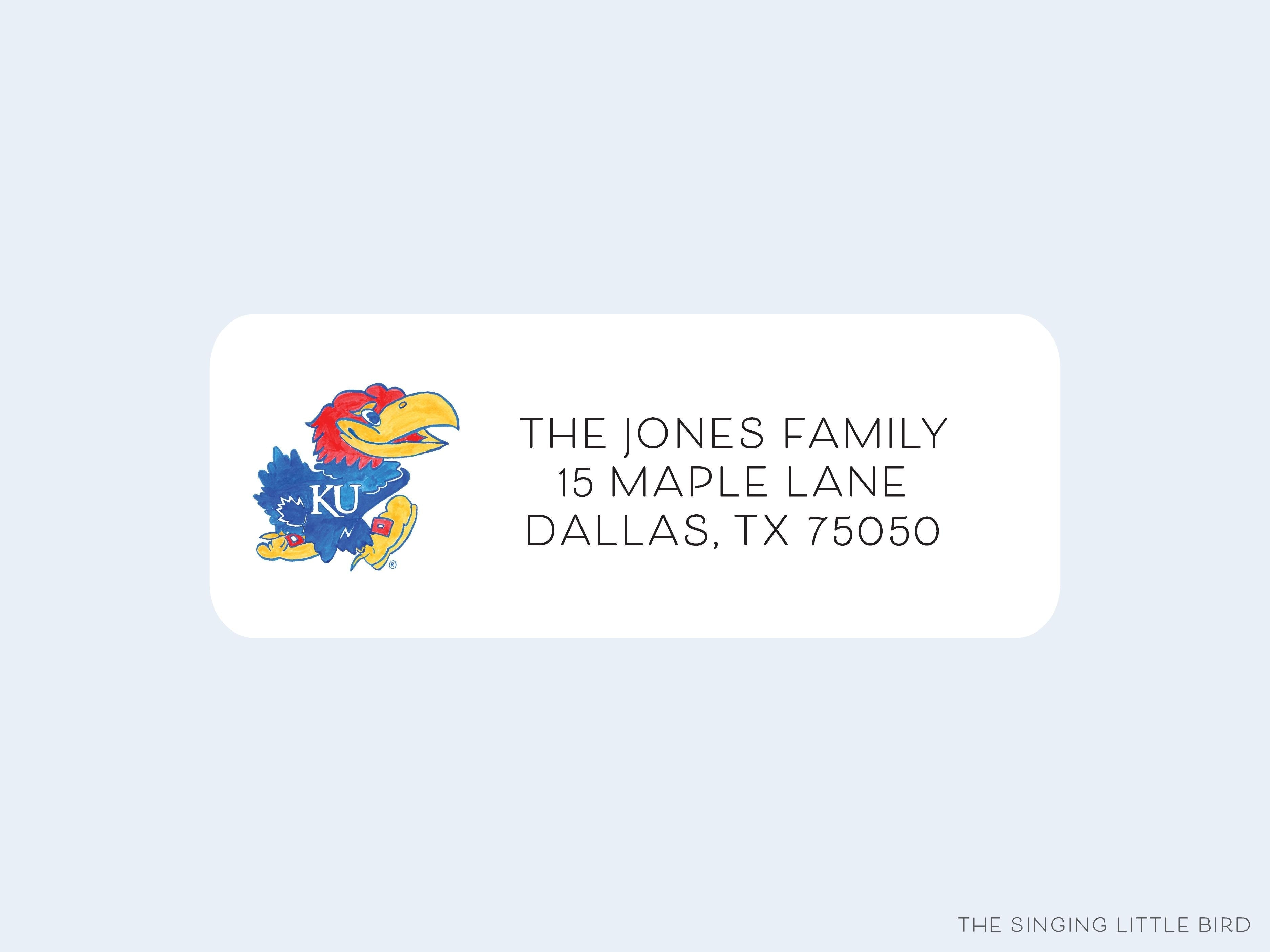 Kansas Jayhawk Return Address Labels [Officially Licensed]-These personalized return address labels are 2.625" x 1" and feature our hand-painted watercolor Jayhawk, printed in the USA on beautiful matte finish labels. These make great gifts for yourself or the University of Kansas lover.-The Singing Little Bird