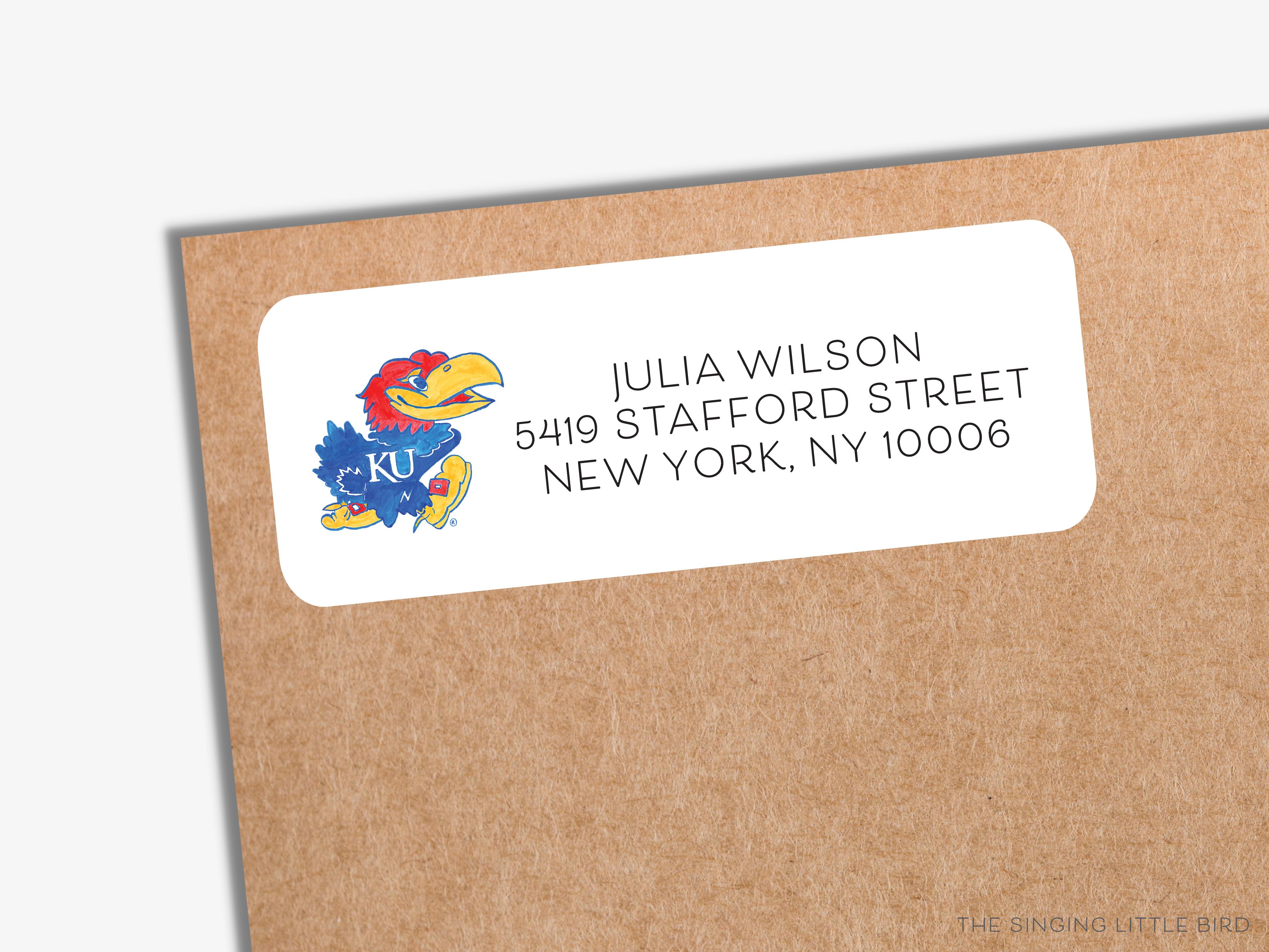 Kansas Jayhawk Return Address Labels [Officially Licensed]-These personalized return address labels are 2.625" x 1" and feature our hand-painted watercolor Jayhawk, printed in the USA on beautiful matte finish labels. These make great gifts for yourself or the University of Kansas lover.-The Singing Little Bird