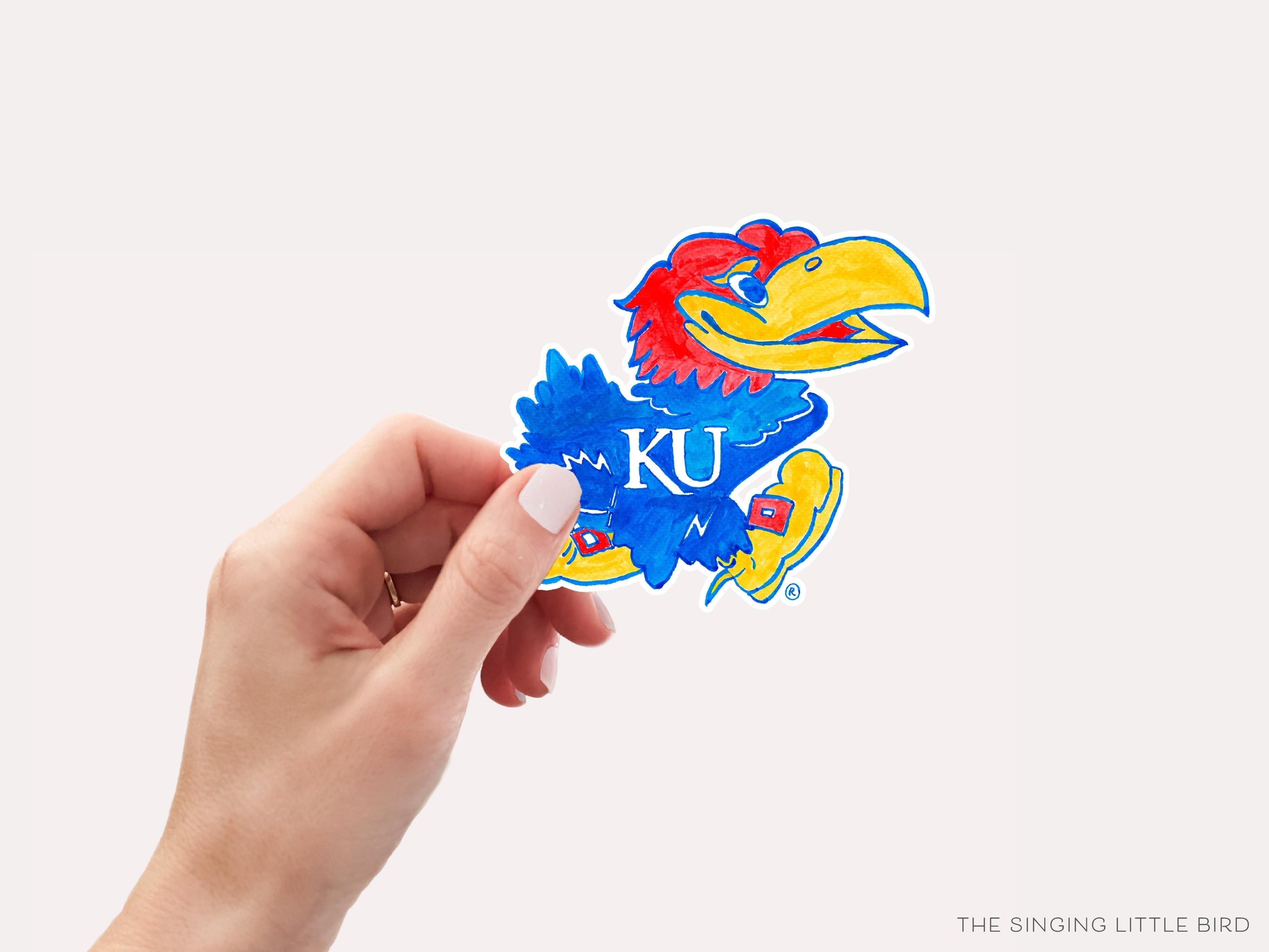 Kansas Jayhawk Vinyl Sticker [Officially Licensed]-These weatherproof die cut stickers feature our hand-painted watercolor Jayhawk, making great laptop or water bottle stickers or gifts for the University of Kansas lover in your life.-The Singing Little Bird