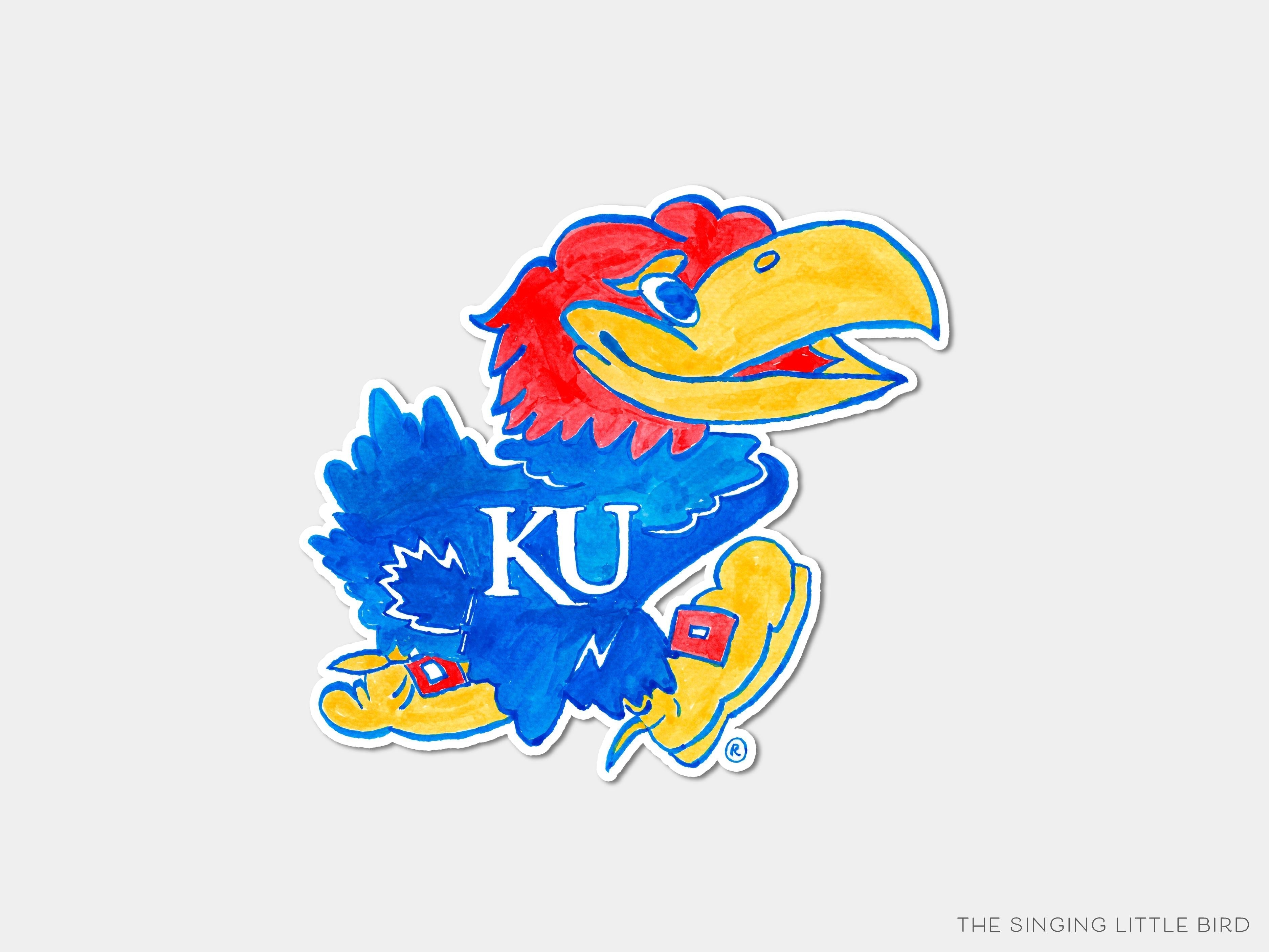 Kansas Jayhawk Vinyl Sticker [Officially Licensed]-These weatherproof die cut stickers feature our hand-painted watercolor Jayhawk, making great laptop or water bottle stickers or gifts for the University of Kansas lover in your life.-The Singing Little Bird