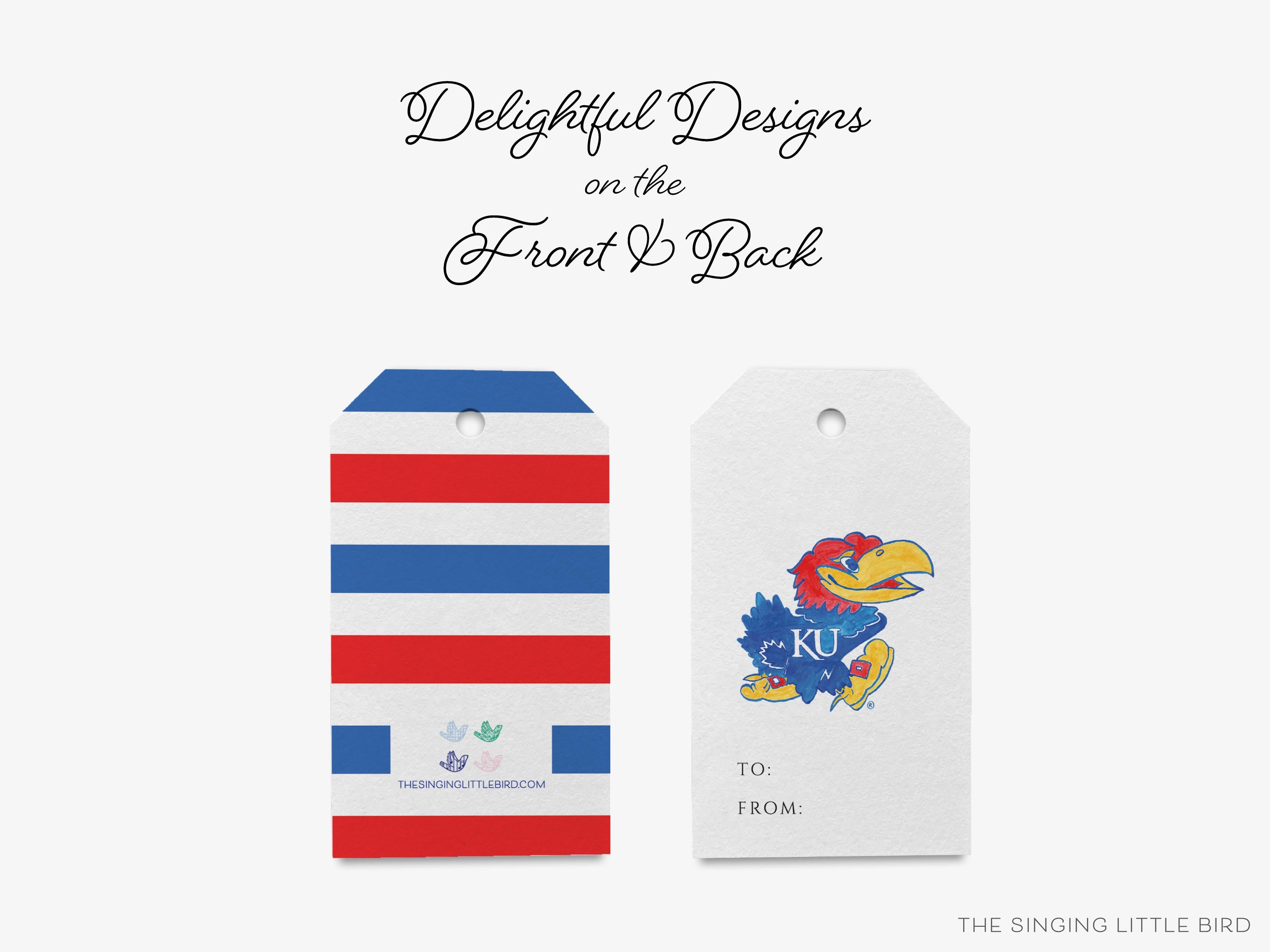 Kansas Jayhawks Gift Tags - Officially Licensed [Sets of 8]-These gift tags come in sets, hole-punched with white twine and feature our hand-painted watercolor Kansas Jayhawk, printed in the USA on 120lb textured stock. They make great tags for gifting or gifts for the University of Kansas lover in your life.-The Singing Little Bird