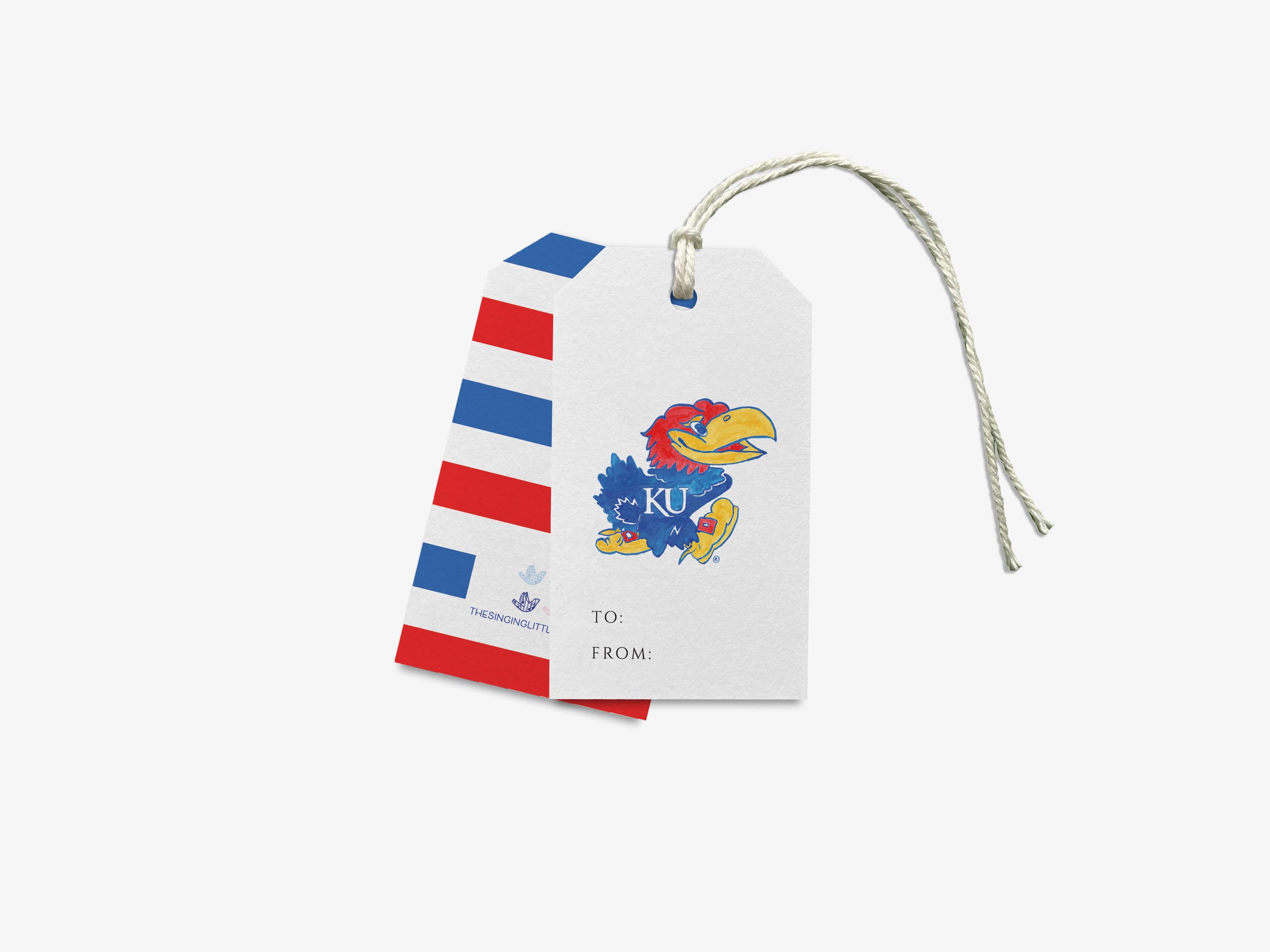 Kansas Jayhawks Gift Tags - Officially Licensed [Sets of 8]-These gift tags come in sets, hole-punched with white twine and feature our hand-painted watercolor Kansas Jayhawk, printed in the USA on 120lb textured stock. They make great tags for gifting or gifts for the University of Kansas lover in your life.-The Singing Little Bird