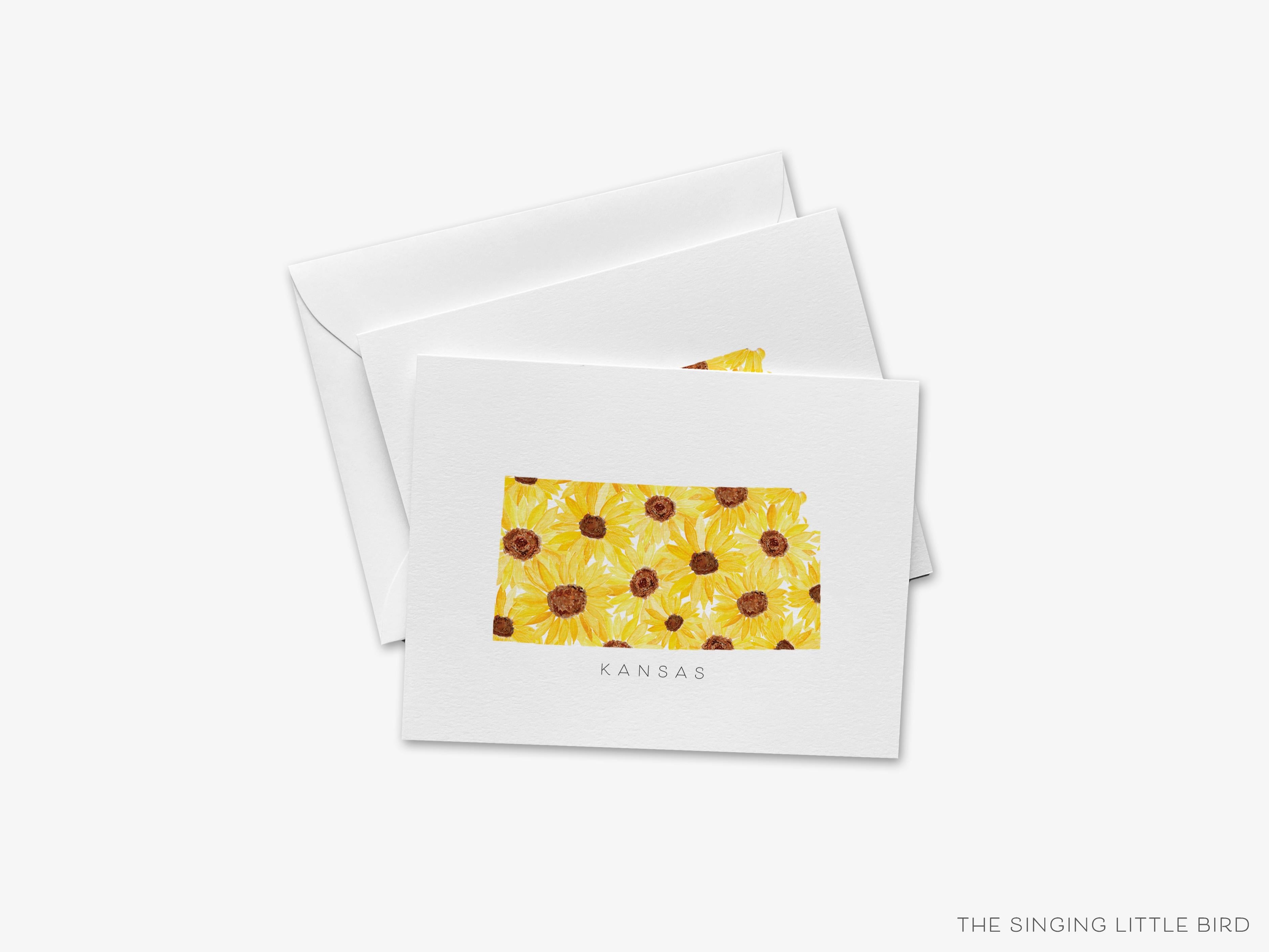 Kansas Sunflower Greeting Card-These folded greeting cards are 4.25x5.5 and feature our hand-painted sunflowers, printed in the USA on 100lb textured stock. They come with a White envelope and make a great thinking of you card for the Kansas and sunflower lover in your life.-The Singing Little Bird
