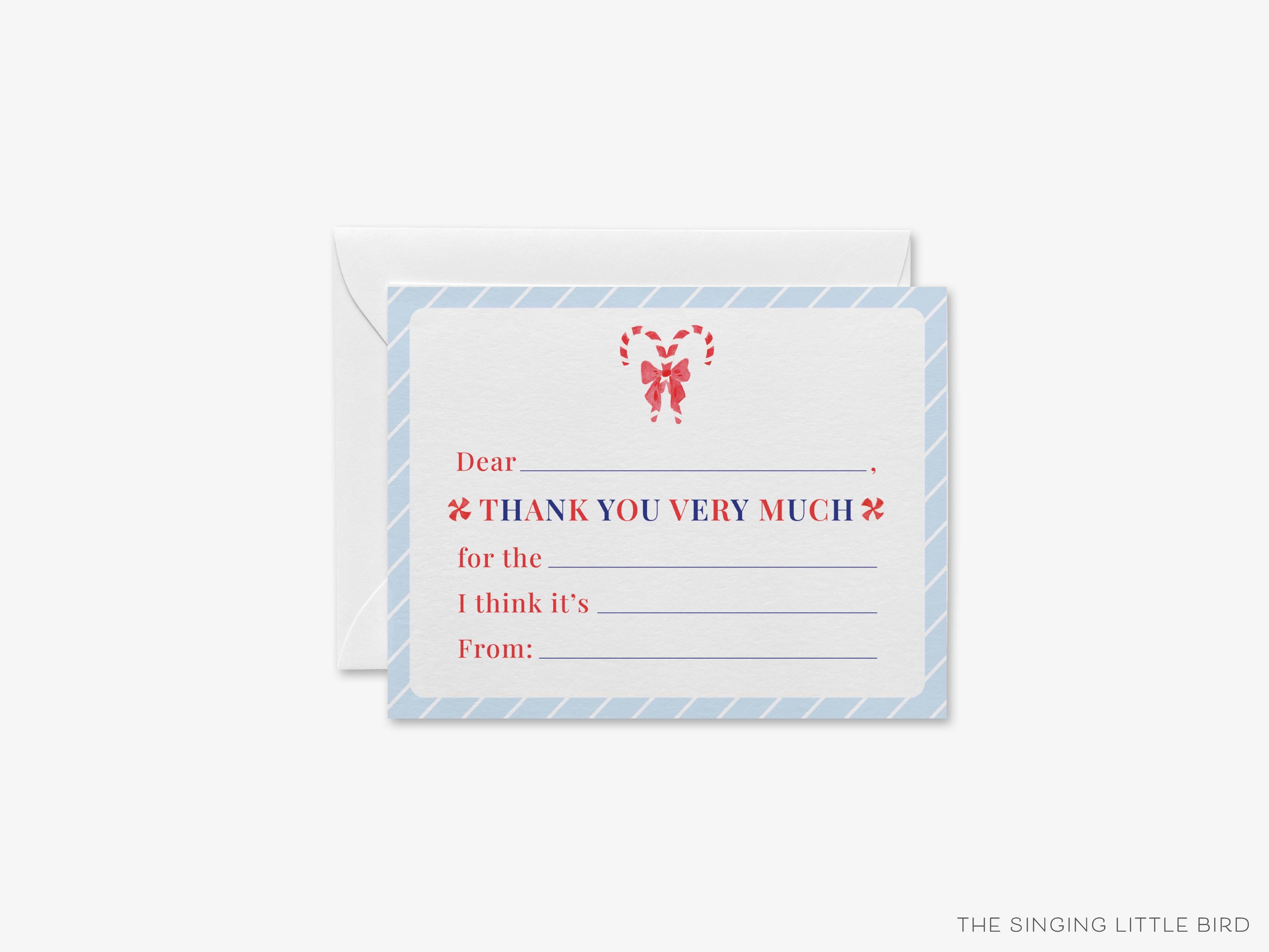 Kids Candy Cane Fill In The Blank Thank You Flat Notes-These personalized flat notecards are 4.25x5.5 and feature our hand-painted watercolor candy cane kids fill in the blank thank you, printed in the USA on 120lb textured stock. They come with your choice of envelopes and make great thank yous and gifts for the kids in your life.-The Singing Little Bird