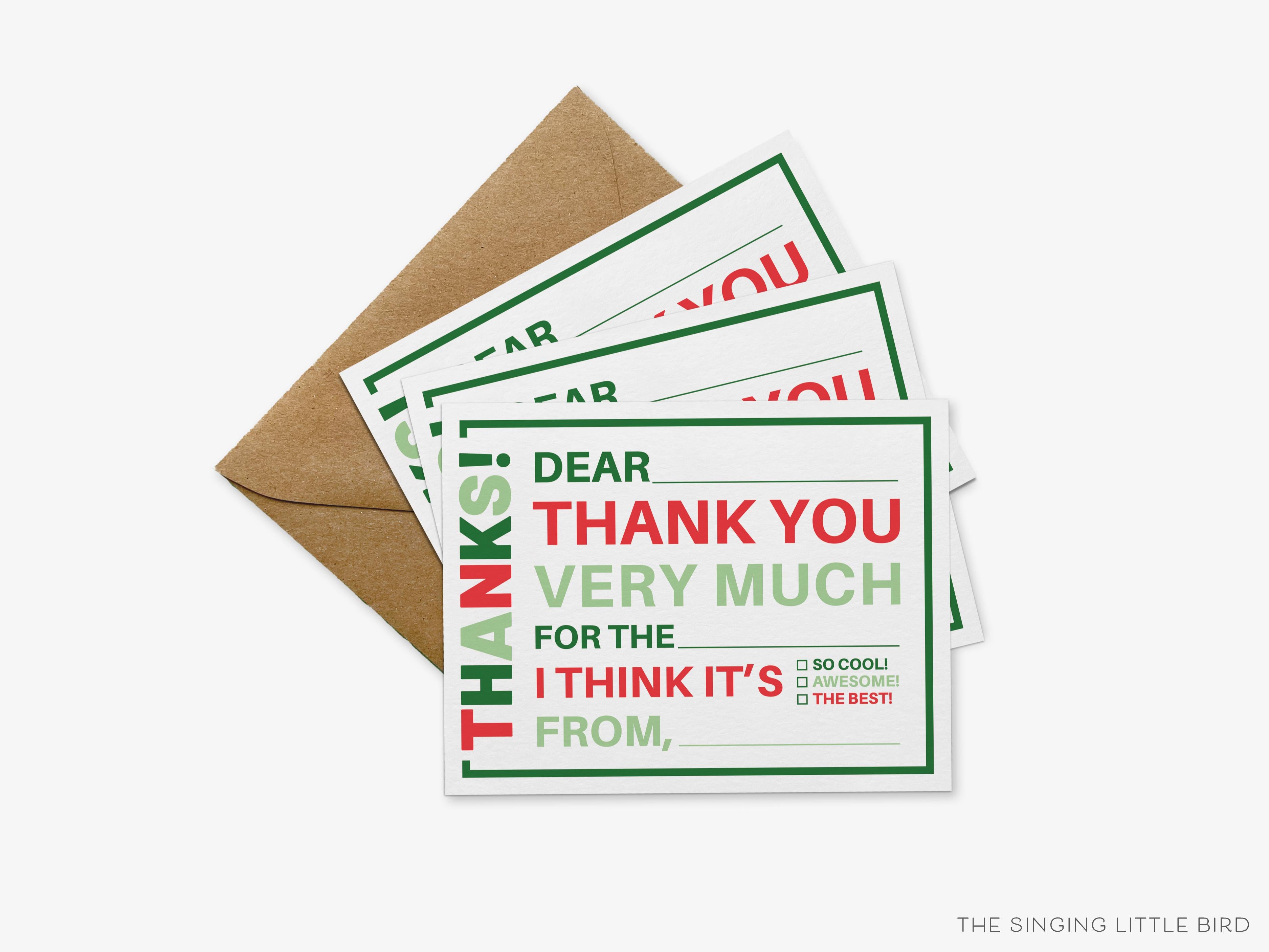 Kids Christmas Fill In The Blank Thank You Flat Notes-These personalized flat notecards are 4.25x5.5 and feature our kids fill in the blank thank you, printed in the USA on 120lb textured stock. They come with your choice of envelopes and make great thank yous and gifts for the kids in your life.-The Singing Little Bird