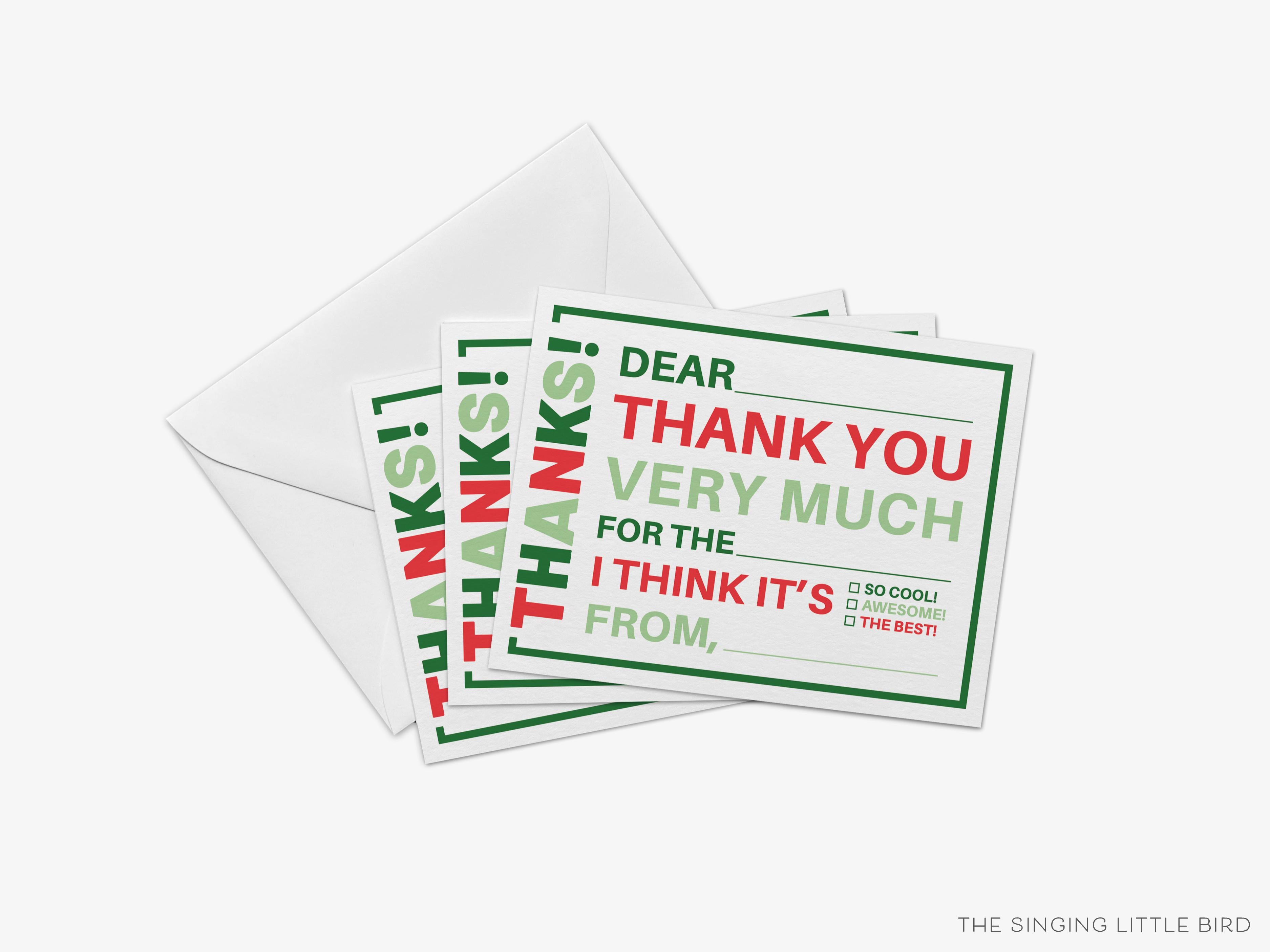 Kids Christmas Fill In The Blank Thank You Flat Notes-These personalized flat notecards are 4.25x5.5 and feature our kids fill in the blank thank you, printed in the USA on 120lb textured stock. They come with your choice of envelopes and make great thank yous and gifts for the kids in your life.-The Singing Little Bird