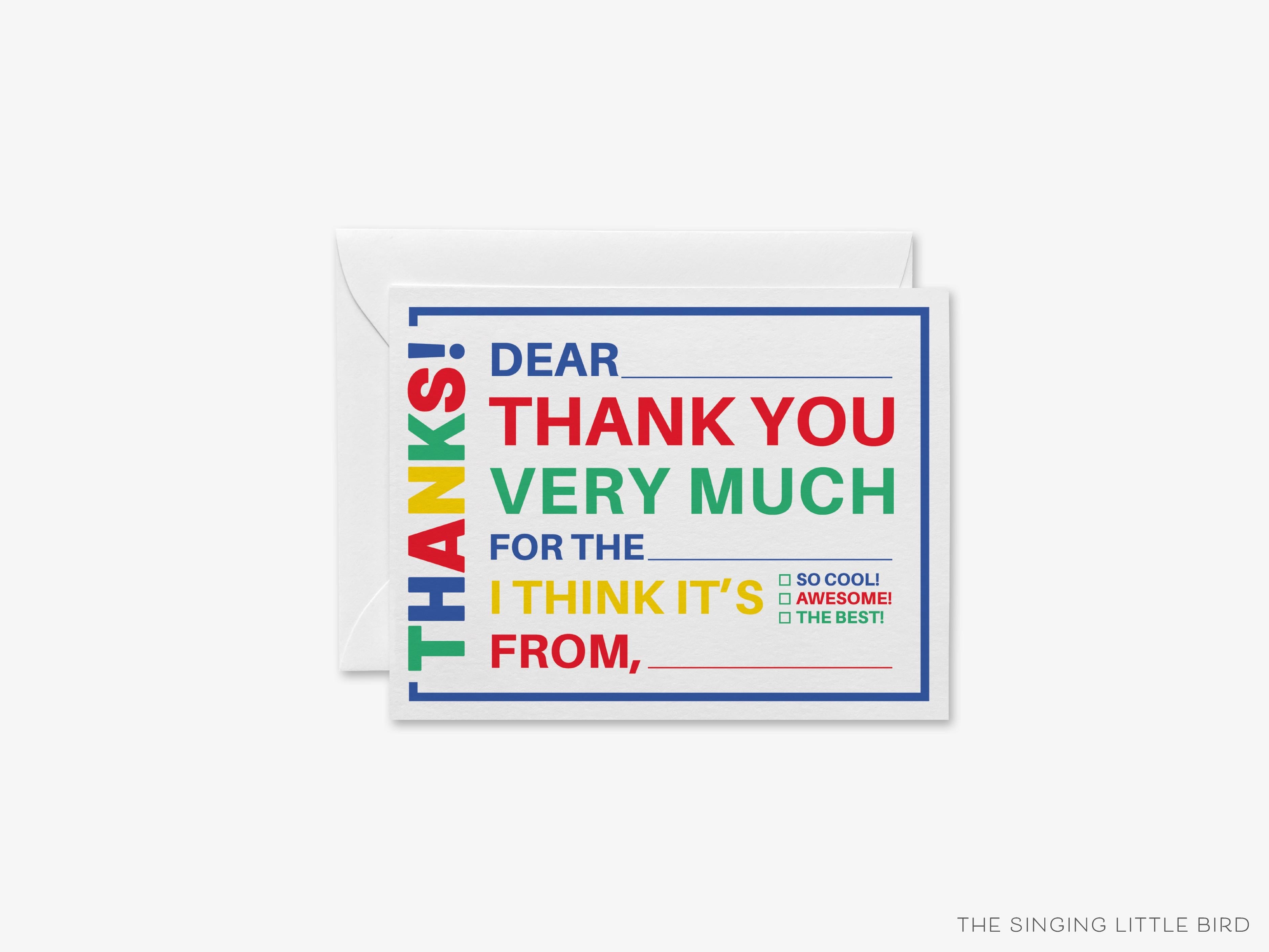 Kids Rainbow Fill In The Blank Thank You Flat Notes-These personalized flat notecards are 4.25x5.5 and feature our kids fill in the blank thank you, printed in the USA on 120lb textured stock. They come with your choice of envelopes and make great thank yous and gifts for the kids in your life.-The Singing Little Bird