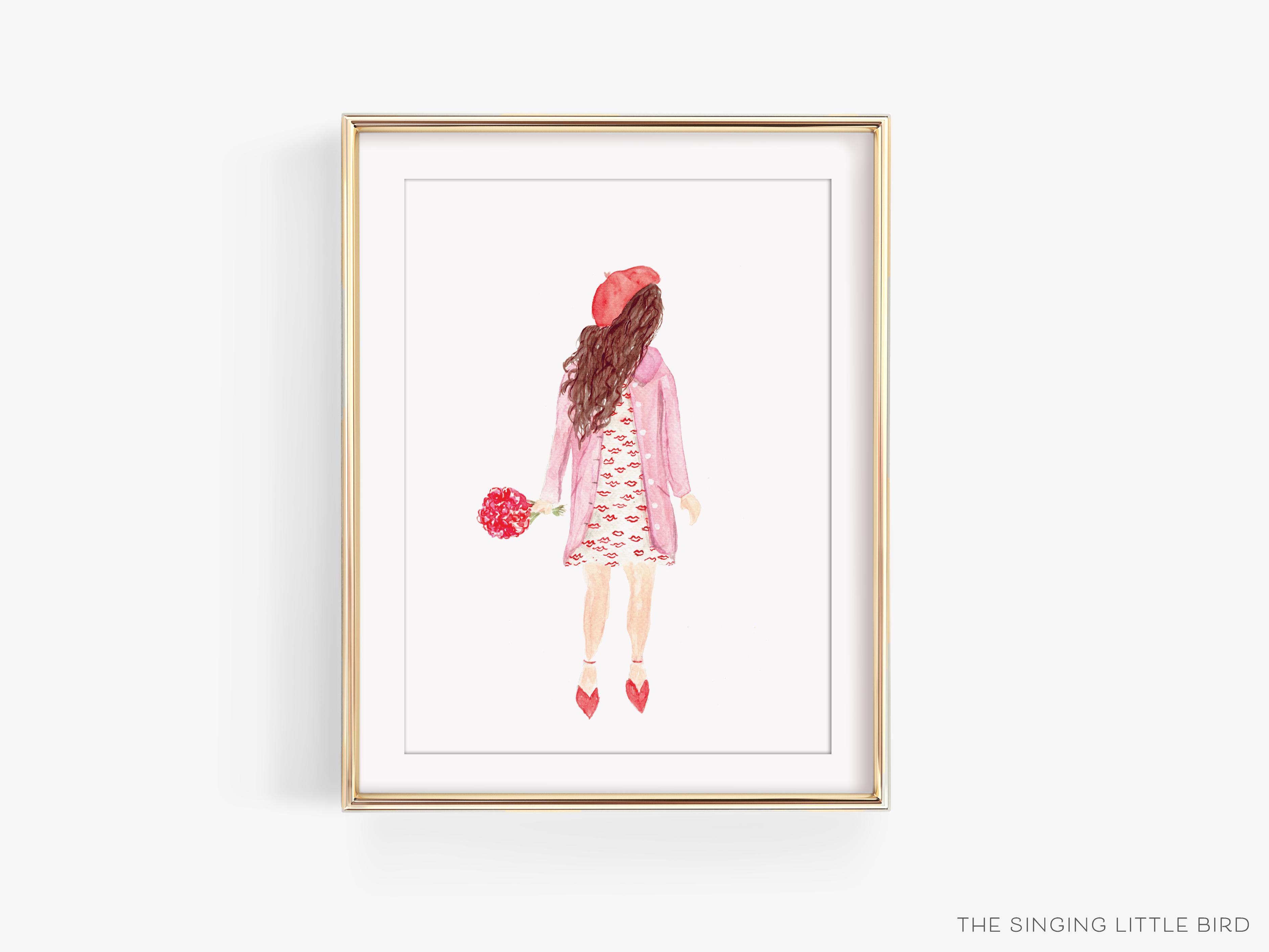 Kiss Dress Girl Art Print-This watercolor art print features our hand-painted girl and flowers, printed in the USA on 120lb high quality art paper. This makes a great gift or wall decor for the fashionista lover in your life.-The Singing Little Bird