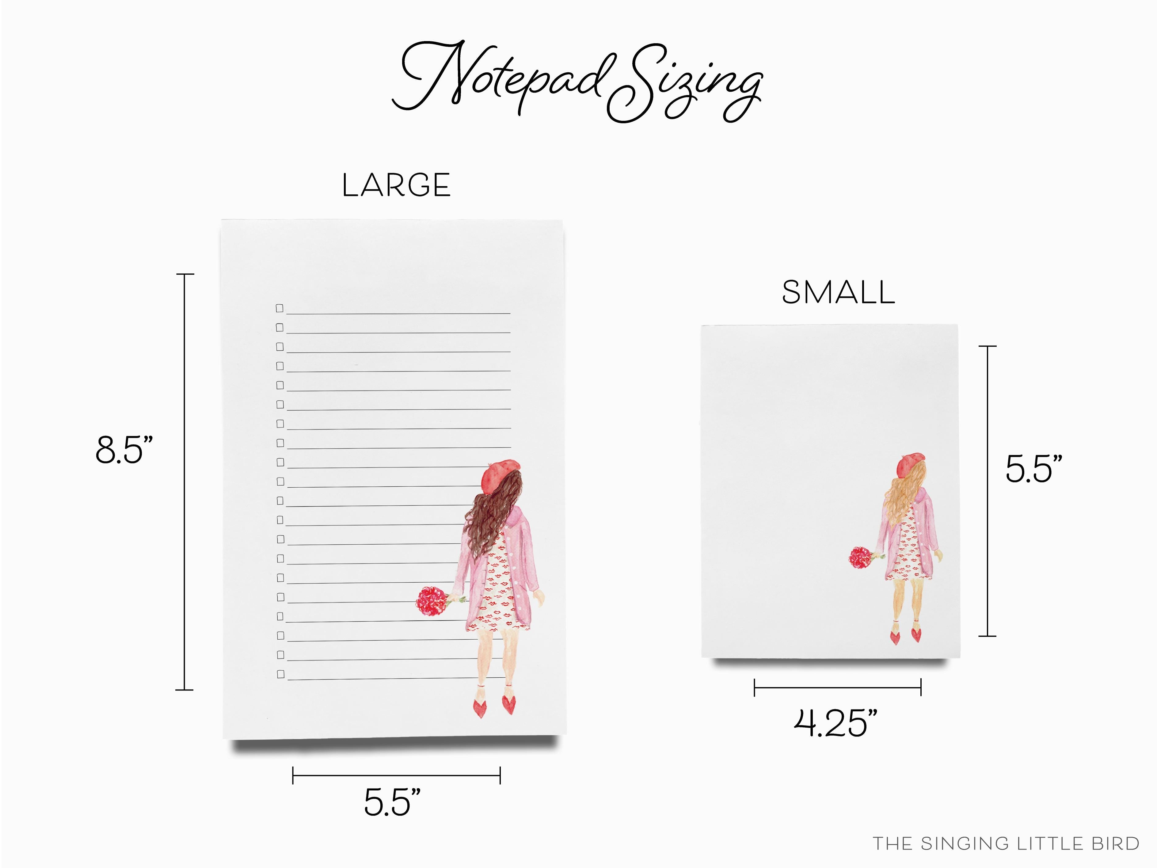 Kiss Dress Girls Fashion Notepad-These notepads feature our hand-painted watercolor girl in a dress, printed in the USA on a beautiful smooth stock. You choose which size you want (or bundled together for a beautiful gift set) and makes a great gift for the checklist and fashion lover in your life.-The Singing Little Bird