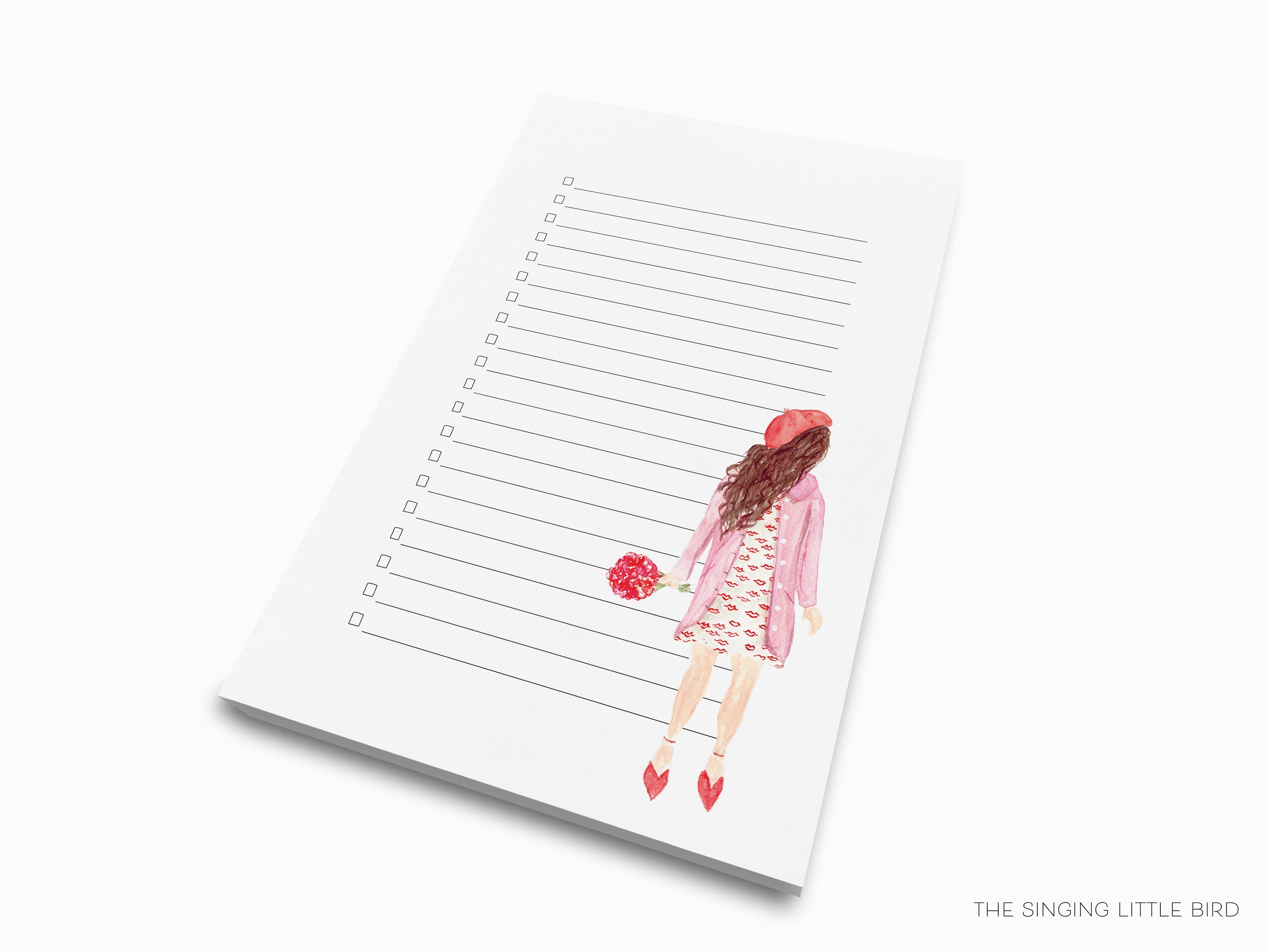 Kiss Dress Girls Fashion Notepad-These notepads feature our hand-painted watercolor girl in a dress, printed in the USA on a beautiful smooth stock. You choose which size you want (or bundled together for a beautiful gift set) and makes a great gift for the checklist and fashion lover in your life.-The Singing Little Bird