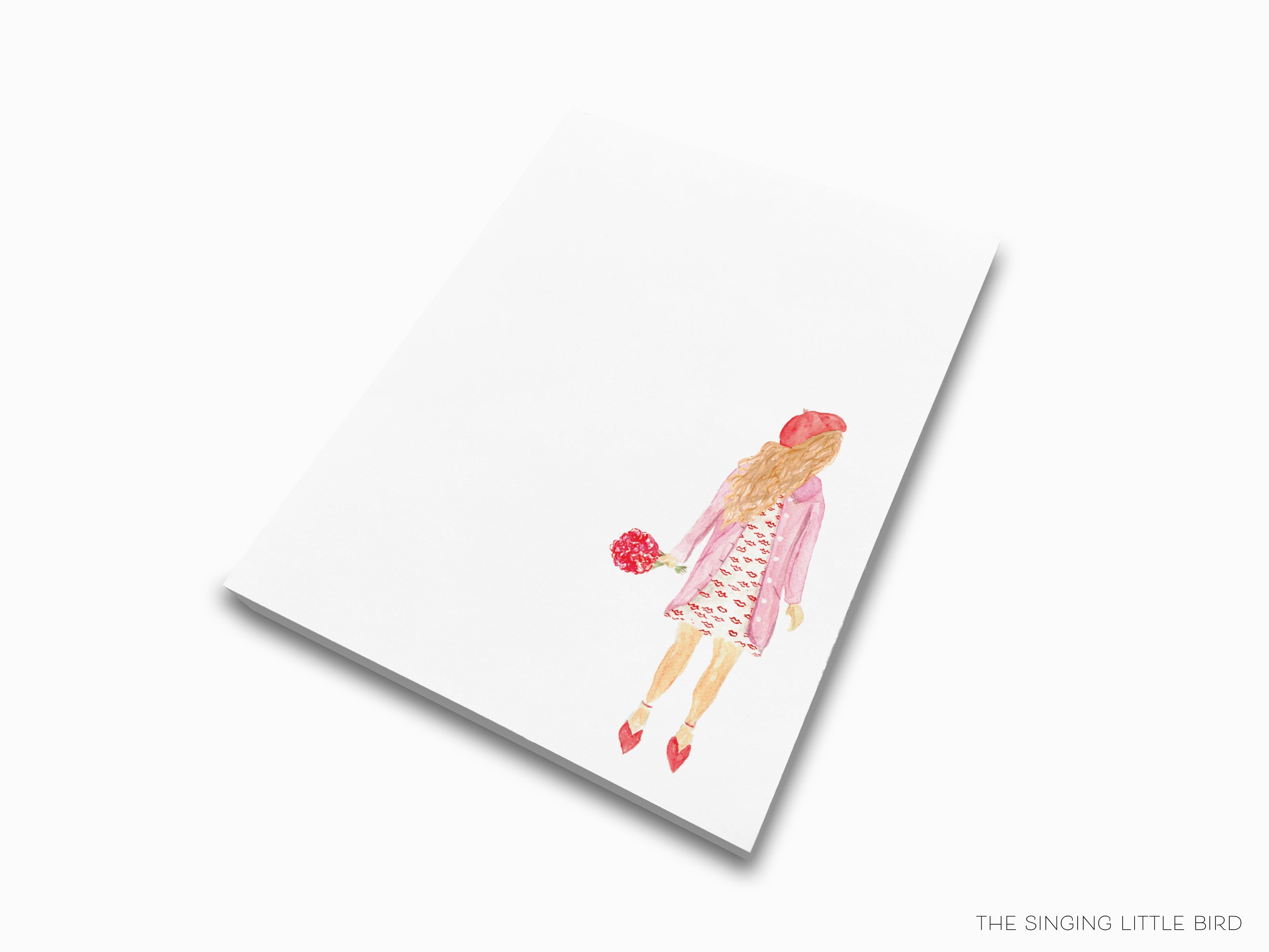 Kiss Dress Girls Fashion Notepad-These notepads feature our hand-painted watercolor girl in a dress, printed in the USA on a beautiful smooth stock. You choose which size you want (or bundled together for a beautiful gift set) and makes a great gift for the checklist and fashion lover in your life.-The Singing Little Bird