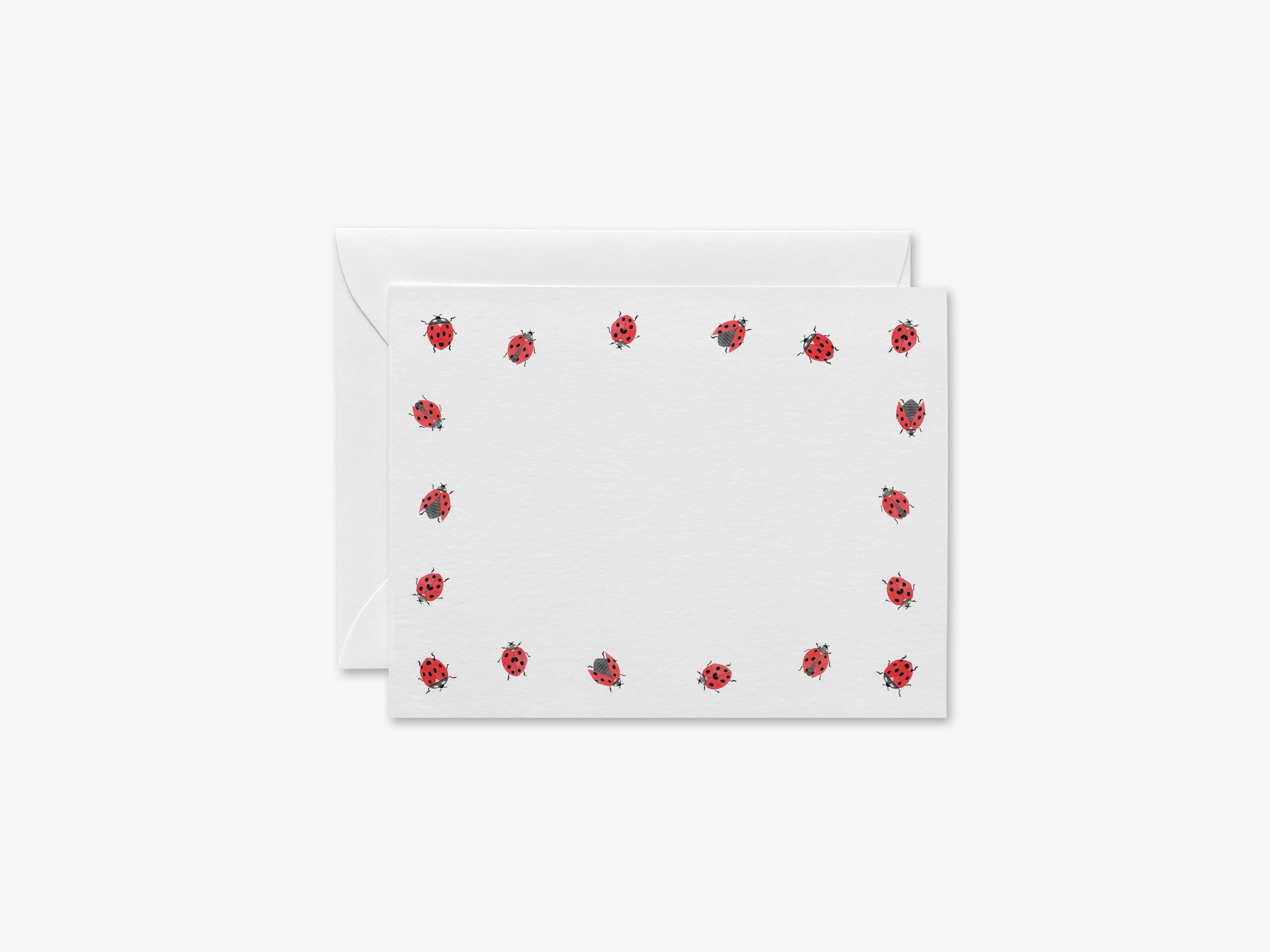 Ladybug Flat Notes-These personalized flat notecards are 4.25x5.5 and feature our hand-painted watercolor ladybugs, printed in the USA on 120lb textured stock. They come with your choice of envelopes and make great thank yous and gifts for the ladybird lover in your life.-The Singing Little Bird