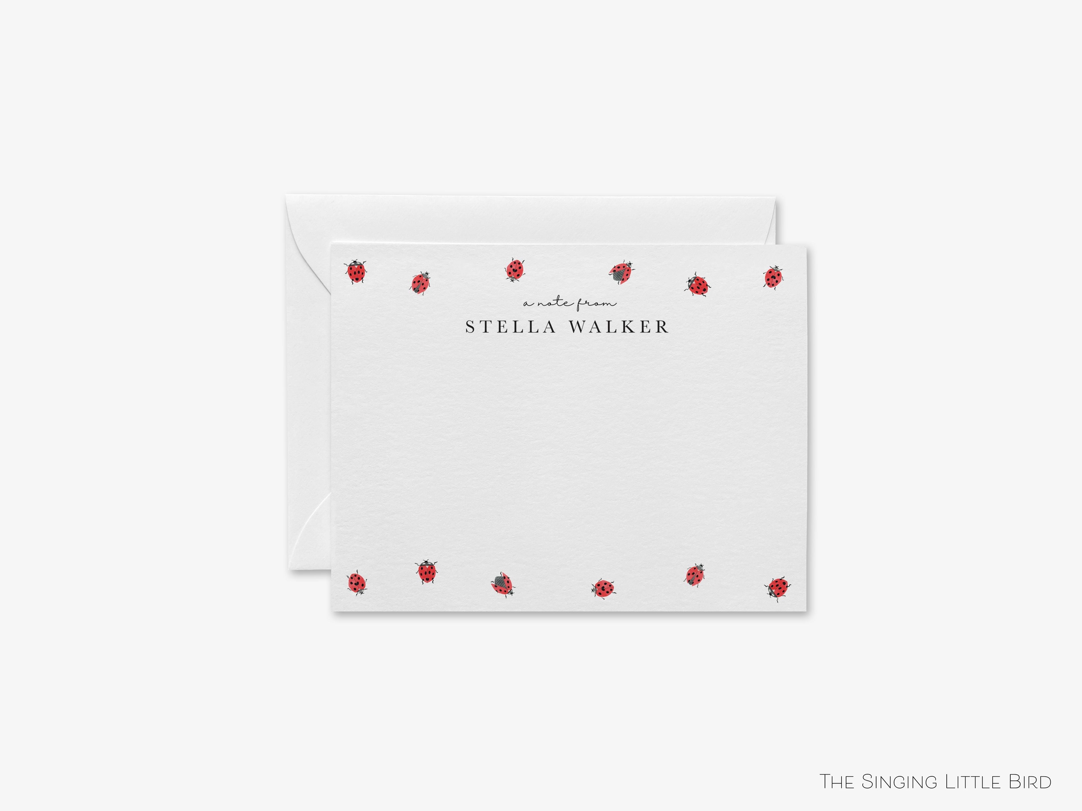 Ladybug Flat Notes-These personalized flat notecards are 4.25x5.5 and feature our hand-painted watercolor ladybugs, printed in the USA on 120lb textured stock. They come with your choice of envelopes and make great thank yous and gifts for the ladybird lover in your life.-The Singing Little Bird