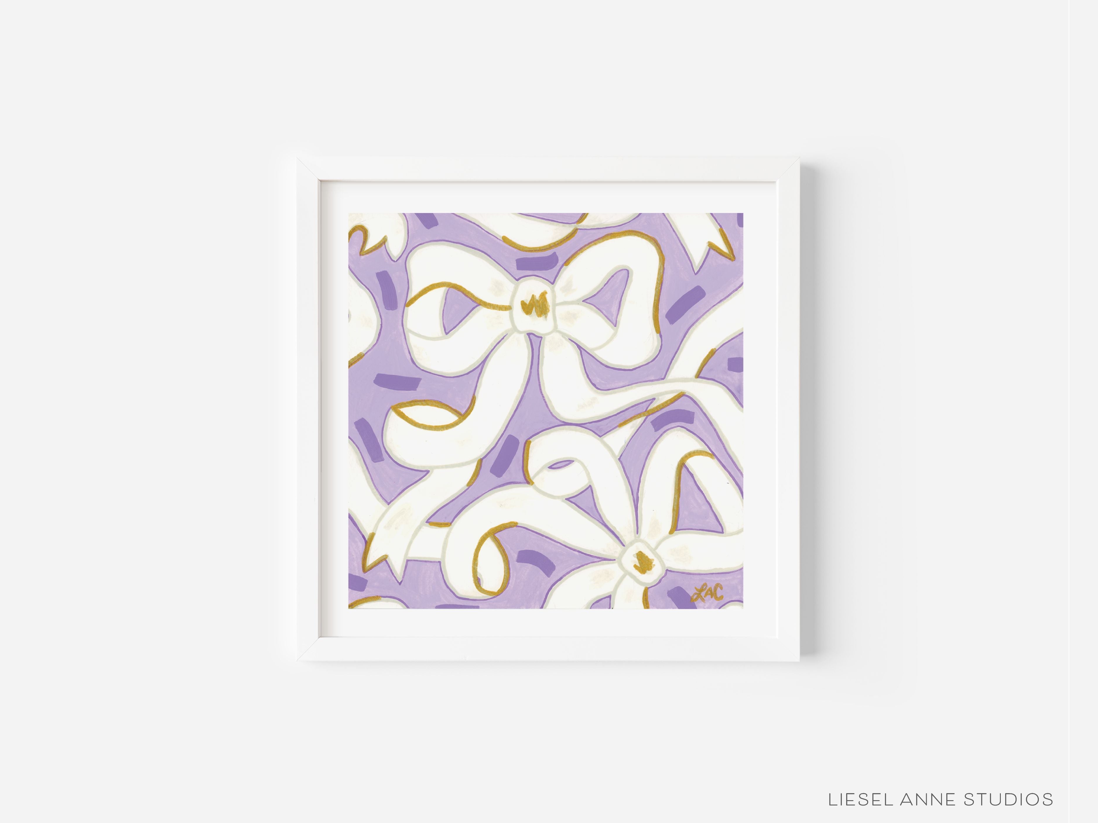 Lavender & White Golden Bows Art Print [8x8]-Art Print measures 8"x 8" | Optional coordinating frame add on with hanging hardware and acrylic clear stand included | Features our signature Golden Bows design with a lavender base, white bows and hand painted shimmery gold embellishments | Initialed in gold by Liesel Anne (the artist) on the front and signed and dated on the back-The Singing Little Bird