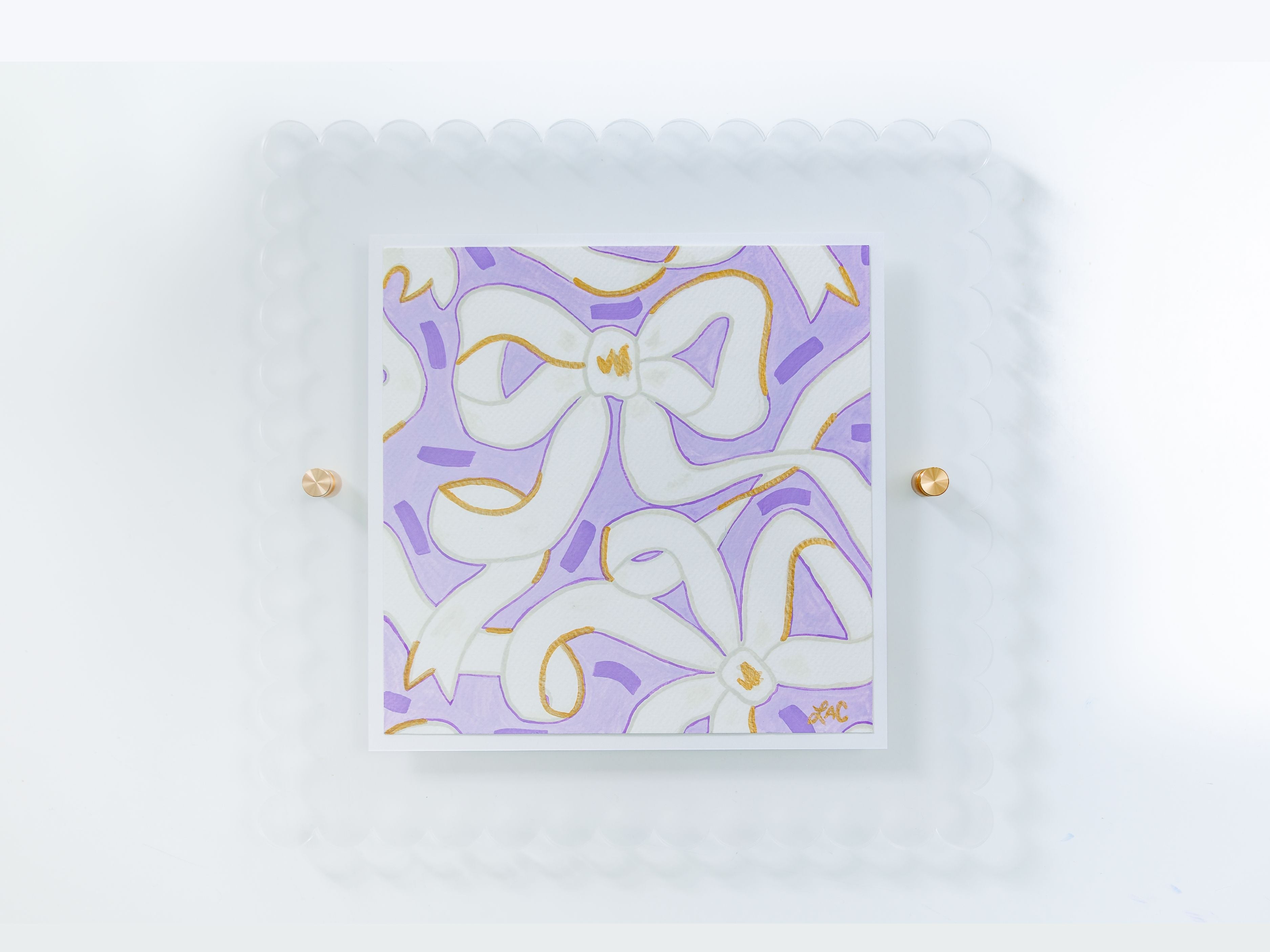 Lavender & White Golden Bows Art Print [8x8]-Art Print measures 8"x 8" | Optional coordinating frame add on with hanging hardware and acrylic clear stand included | Features our signature Golden Bows design with a lavender base, white bows and hand painted shimmery gold embellishments | Initialed in gold by Liesel Anne (the artist) on the front and signed and dated on the back-The Singing Little Bird