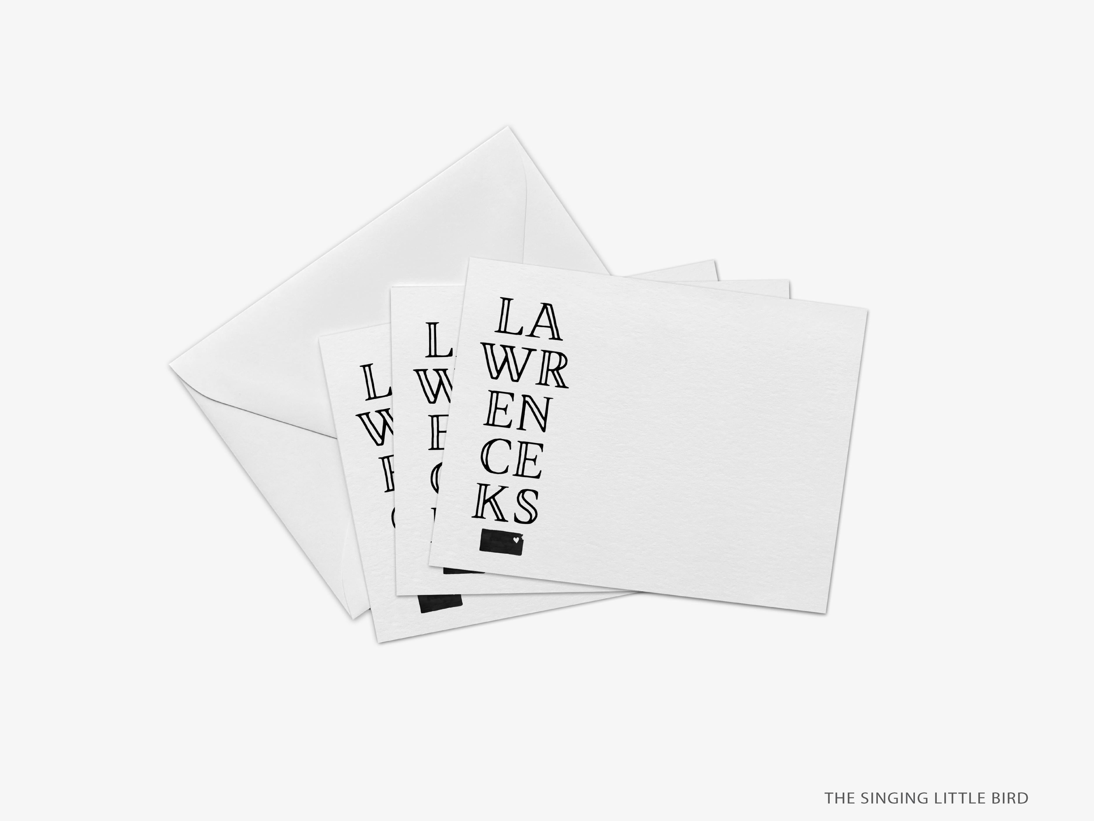 Lawrence, Kansas Flat Notes-These personalized flat notecards are 4.25x5.5 and feature our hand-painted watercolor state of Kansas, printed in the USA on 120lb textured stock. They come with your choice of envelopes and make great thank yous and gifts for the Lawrence, KS lover in your life.-The Singing Little Bird