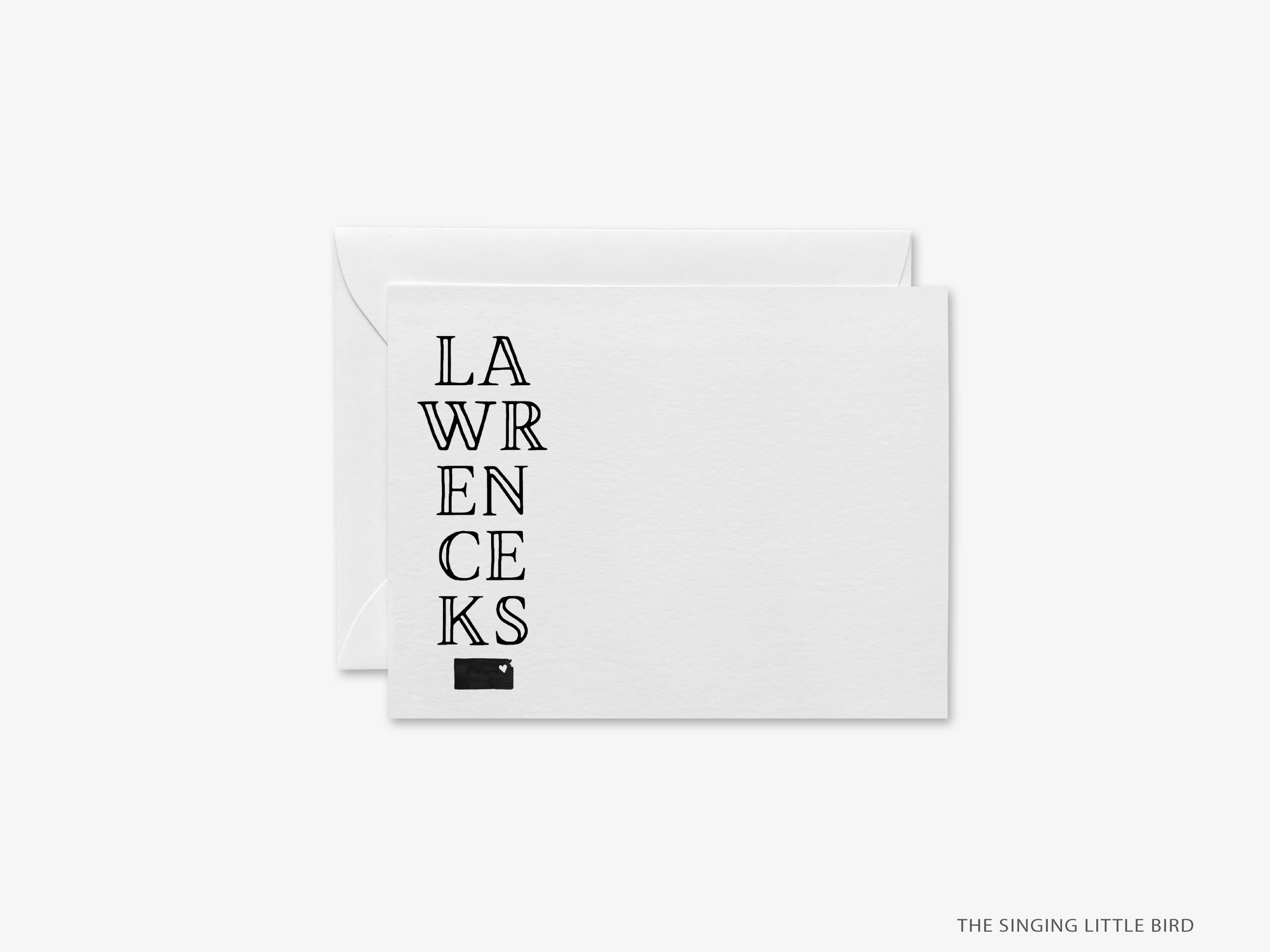 Lawrence, Kansas Flat Notes-These personalized flat notecards are 4.25x5.5 and feature our hand-painted watercolor state of Kansas, printed in the USA on 120lb textured stock. They come with your choice of envelopes and make great thank yous and gifts for the Lawrence, KS lover in your life.-The Singing Little Bird
