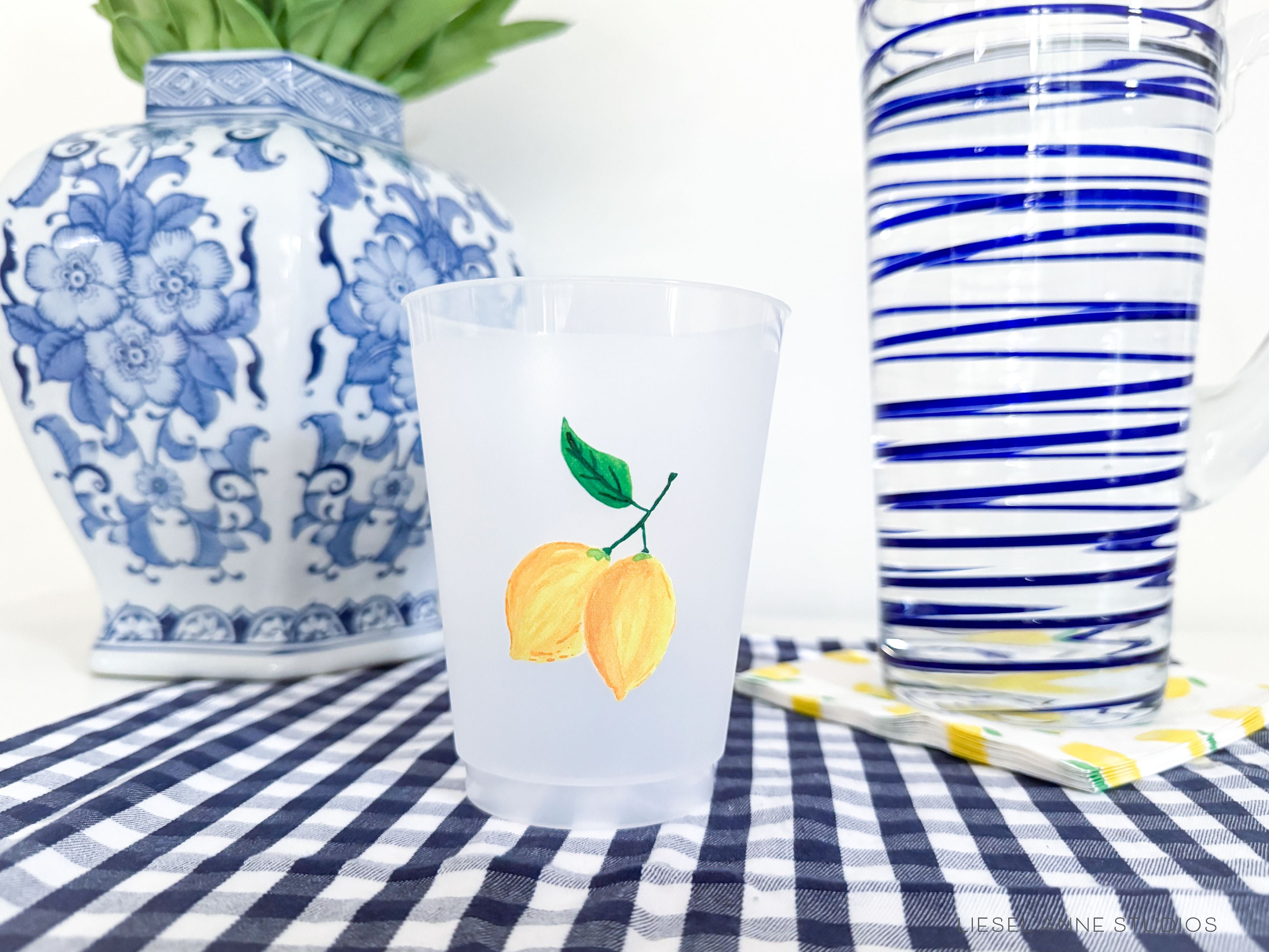 Lemon 16oz Shatterproof Cups [Set of 8]-These shatterproof cups feature our hand-painted lemons and make great party decorations for your summer cook outs, pool parties, and more! They come in sets of 8 and are re-usable for other parties to come or make wonderful party favors!-The Singing Little Bird