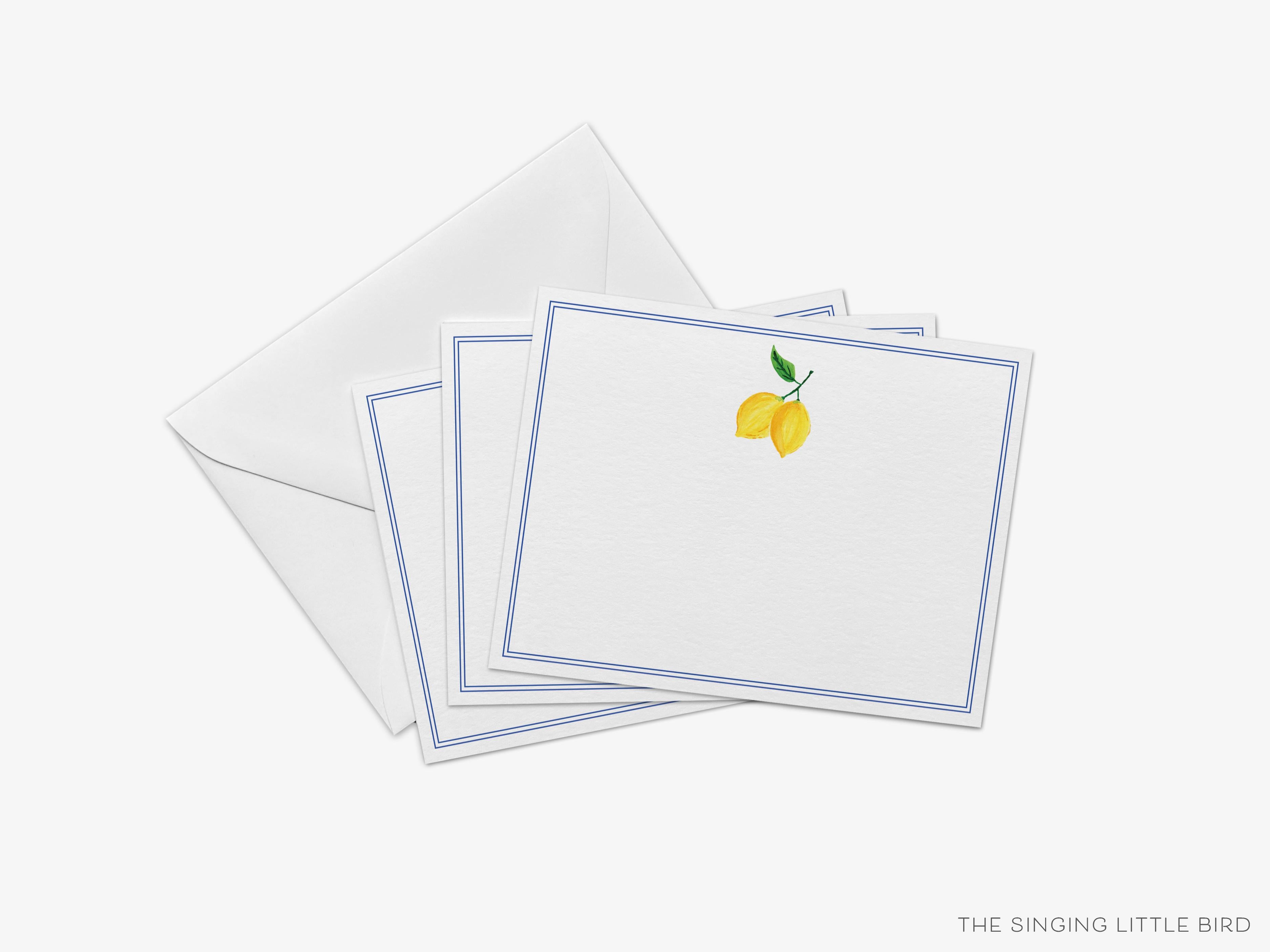 Lemon Flat Notes [Sets of 8]-These flat notecards are 4.25x5.5 and feature our hand-painted watercolor lemon, printed in the USA on 120lb textured stock. They come with white envelopes and make great thank yous and gifts for the citrus lover in your life.-The Singing Little Bird
