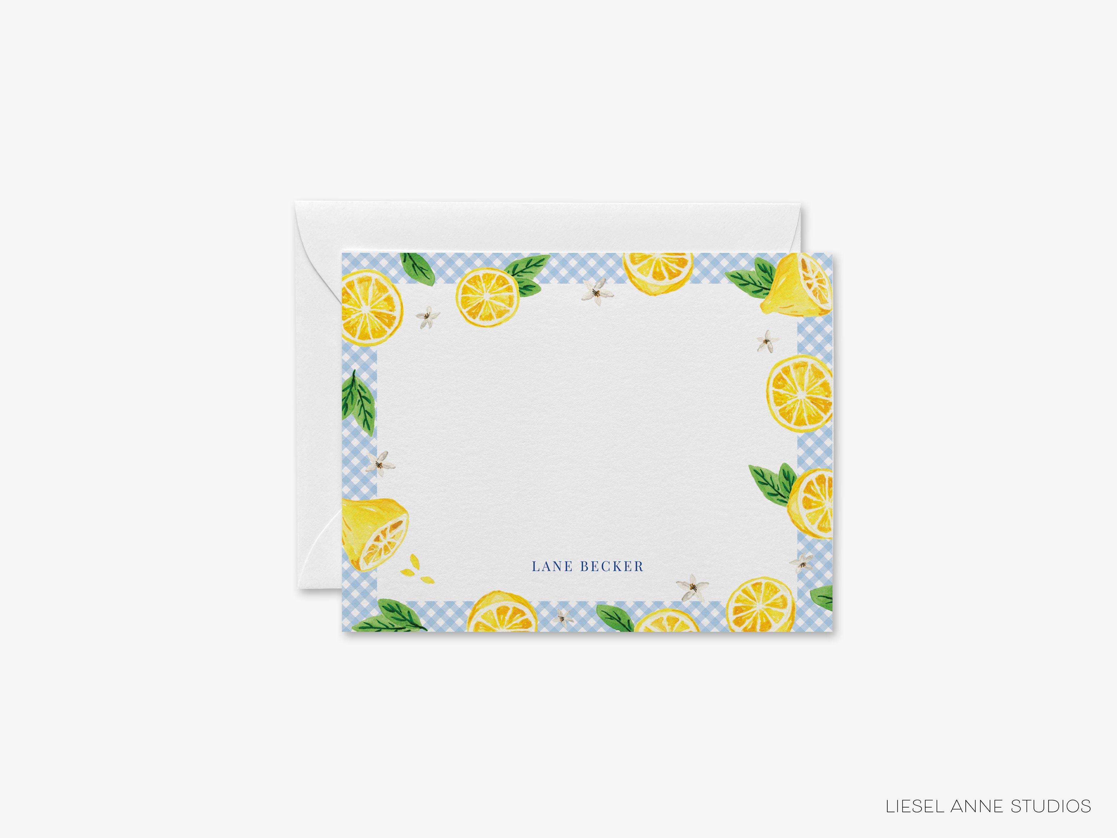 Lemon Gingham Flat Notes-These personalized flat notecards are 4.25x5.5 and feature our hand-painted watercolor lemon, printed in the USA on 120lb textured stock. They come with your choice of envelopes and make great thank yous and gifts for the citrus lover in your life.-The Singing Little Bird