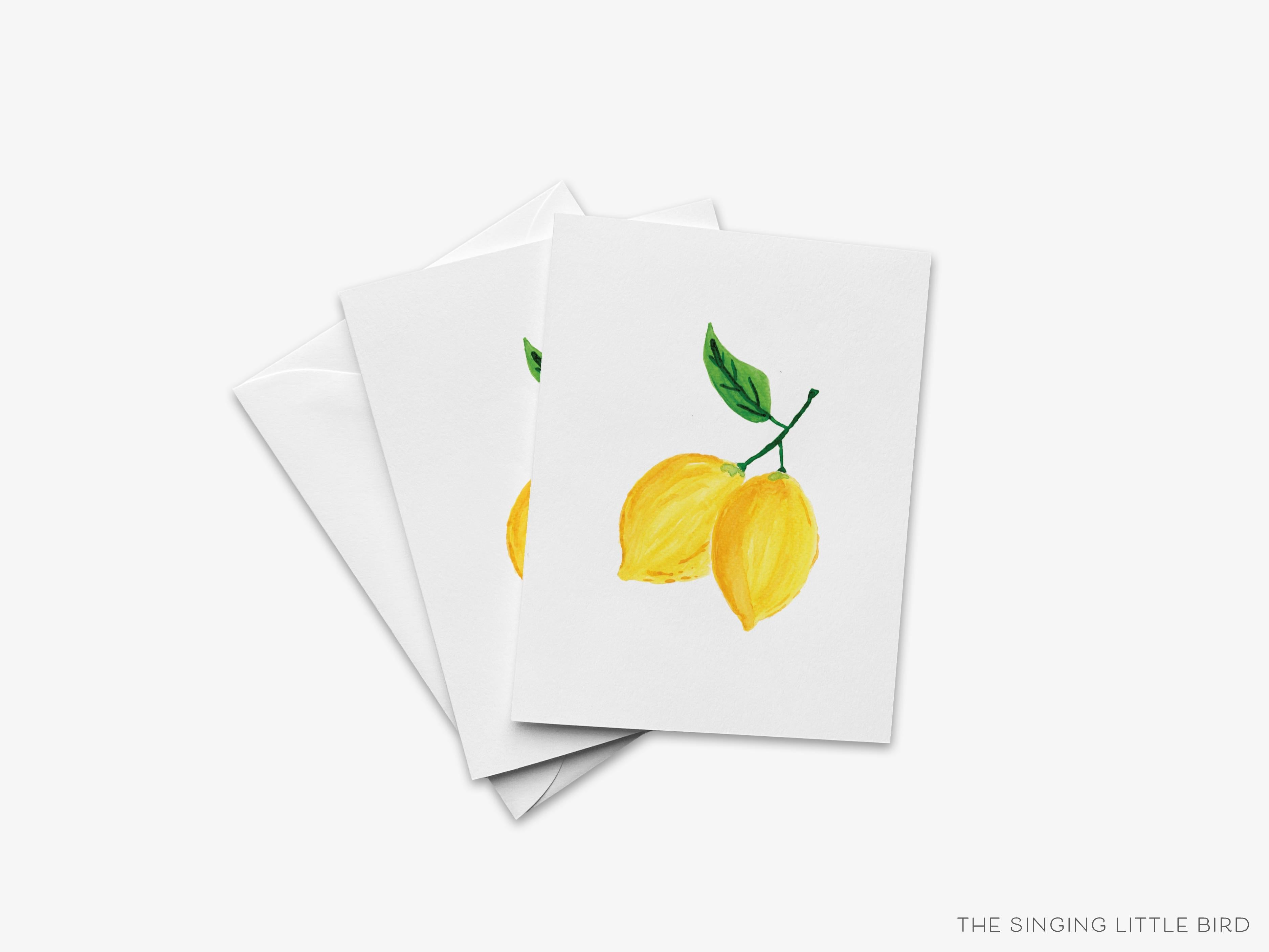 Lemon Greeting Card-These folded greeting cards are 4.25x5.5 and feature our hand-painted lemon, printed in the USA on 100lb textured stock. They come with a White envelope and make a great just because card for the citurs lover in your life.-The Singing Little Bird