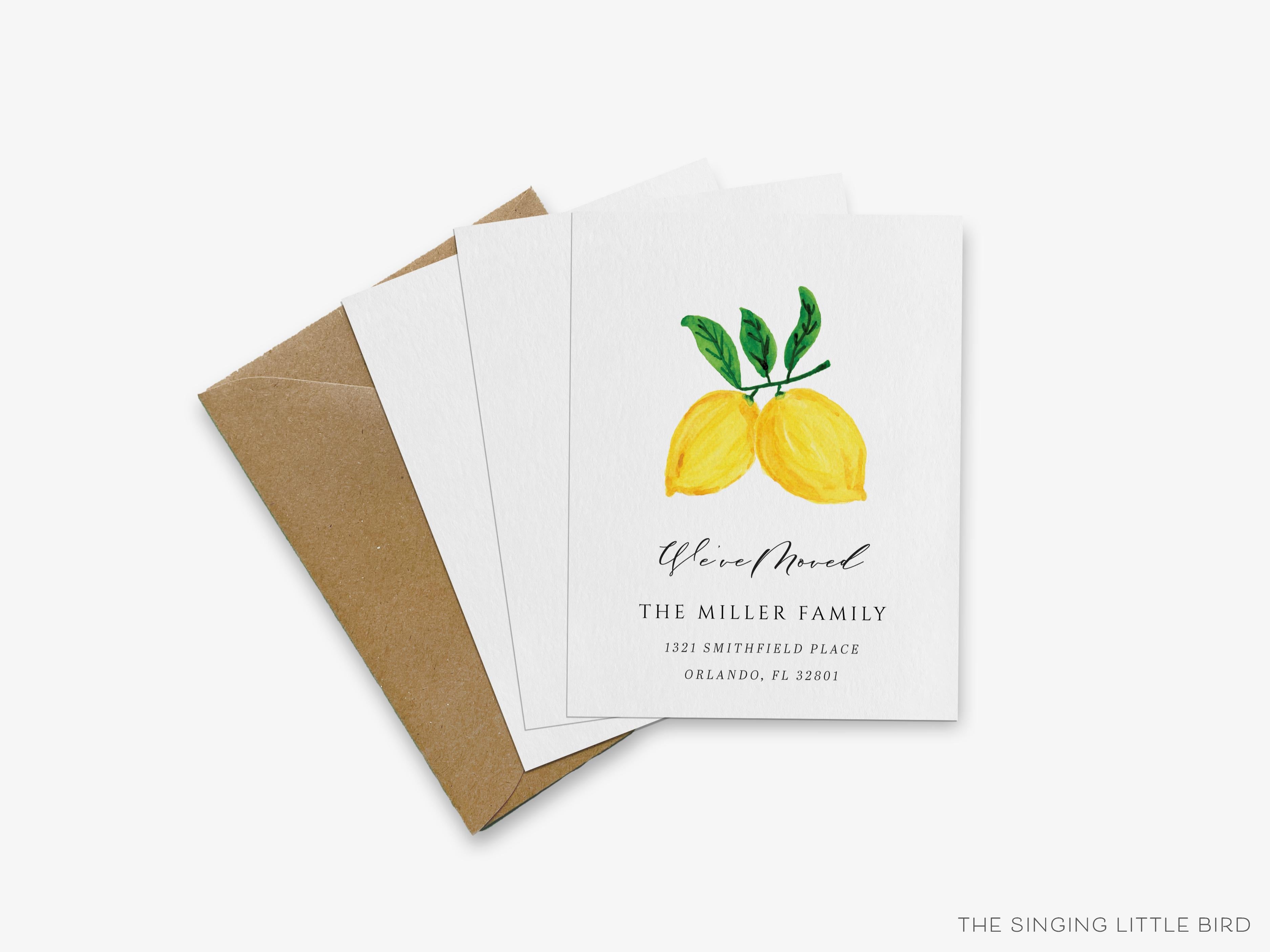 Lemon Moving Announcement-These personalized flat change of address cards are 4.25x5.5 and feature our hand-painted watercolor lemons, printed in the USA on 120lb textured stock. They come with your choice of envelopes and make great moving announcements for the citrus lover.-The Singing Little Bird