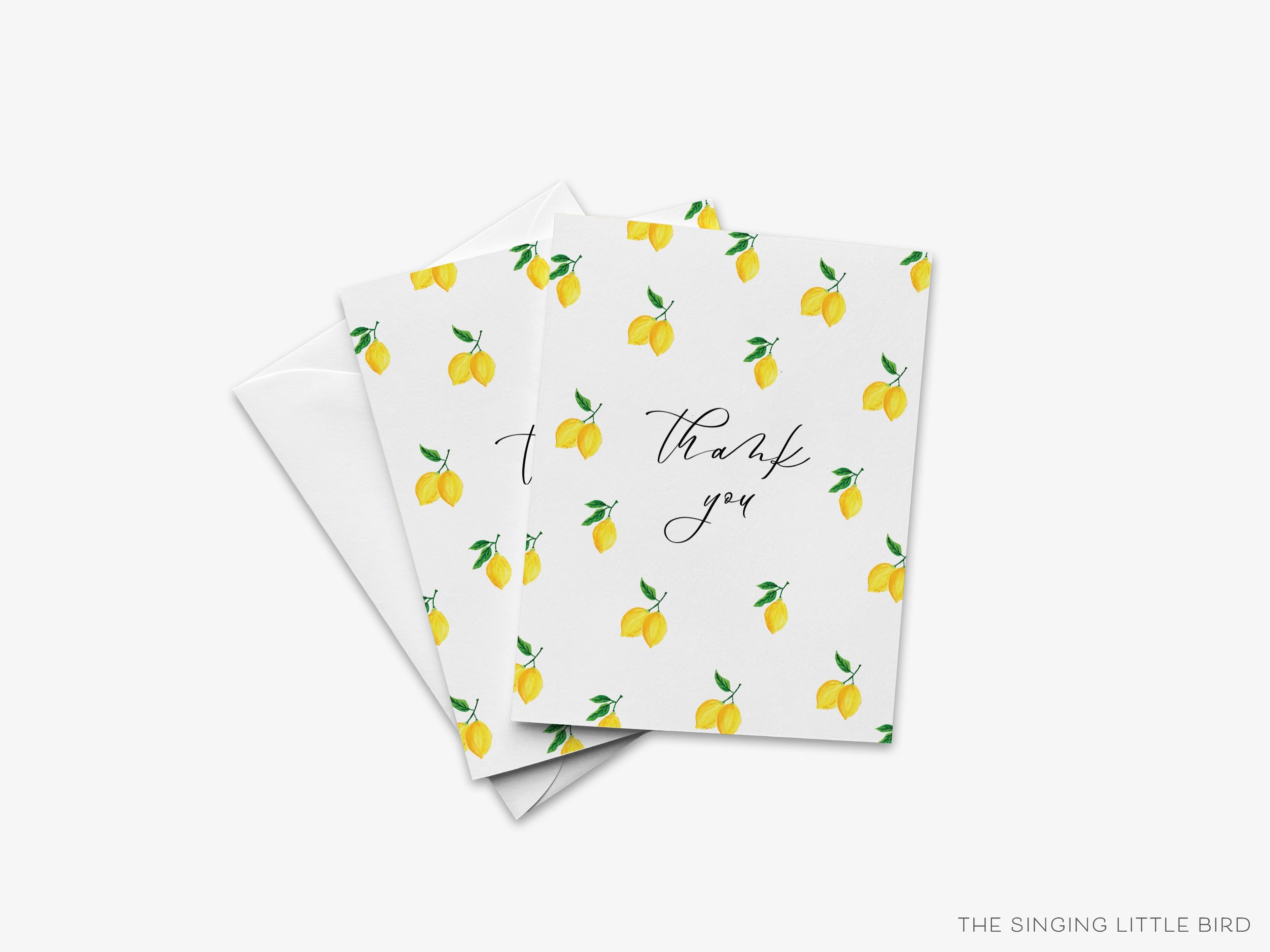 Lemon Thank You Card-These folded greeting cards are 4.25x5.5 and feature our hand-painted lemons, printed in the USA on 100lb textured stock. They come with a White envelope and make a great thank of you card for the citurs lover in your life.-The Singing Little Bird