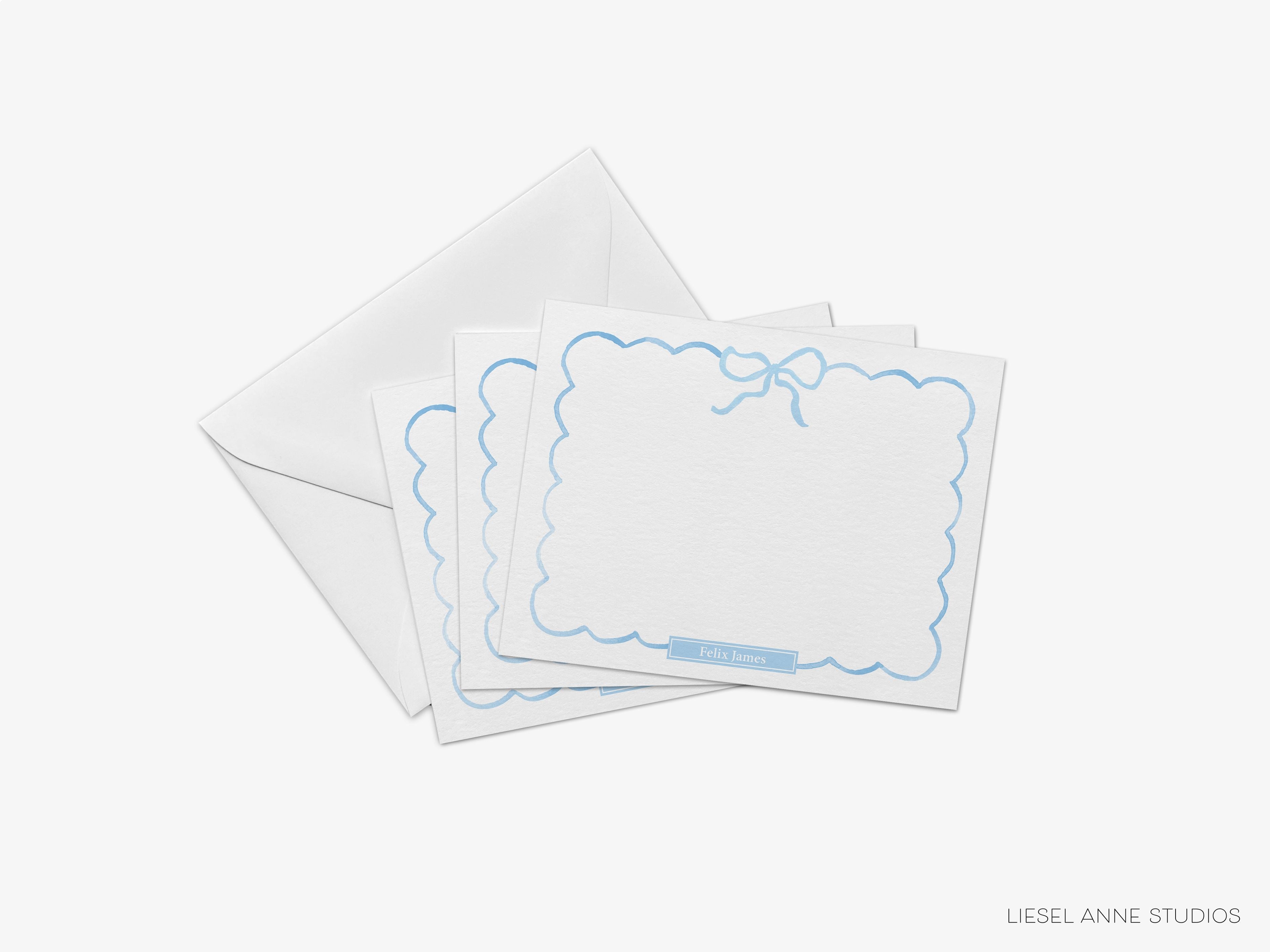 Light Blue Bow Flat Notes-These personalized flat notecards are 4.25x5.5 and feature our hand-painted watercolor bow, printed in the USA on 120lb textured stock. They come with your choice of envelopes and make great thank yous and gifts for the bow lover in your life.-The Singing Little Bird