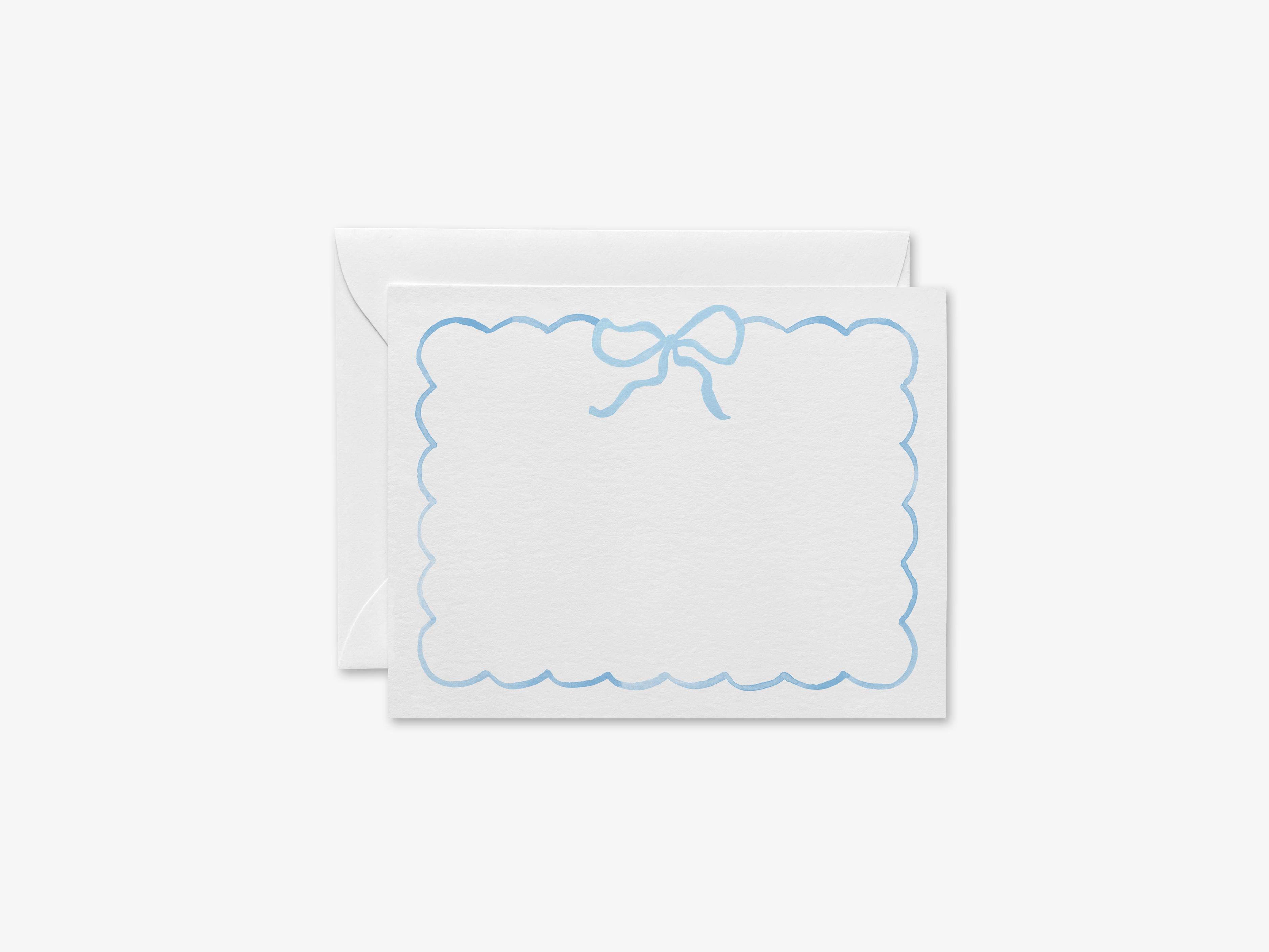 Light Blue Bow Flat Notes-These personalized flat notecards are 4.25x5.5 and feature our hand-painted watercolor bow, printed in the USA on 120lb textured stock. They come with your choice of envelopes and make great thank yous and gifts for the bow lover in your life.-The Singing Little Bird