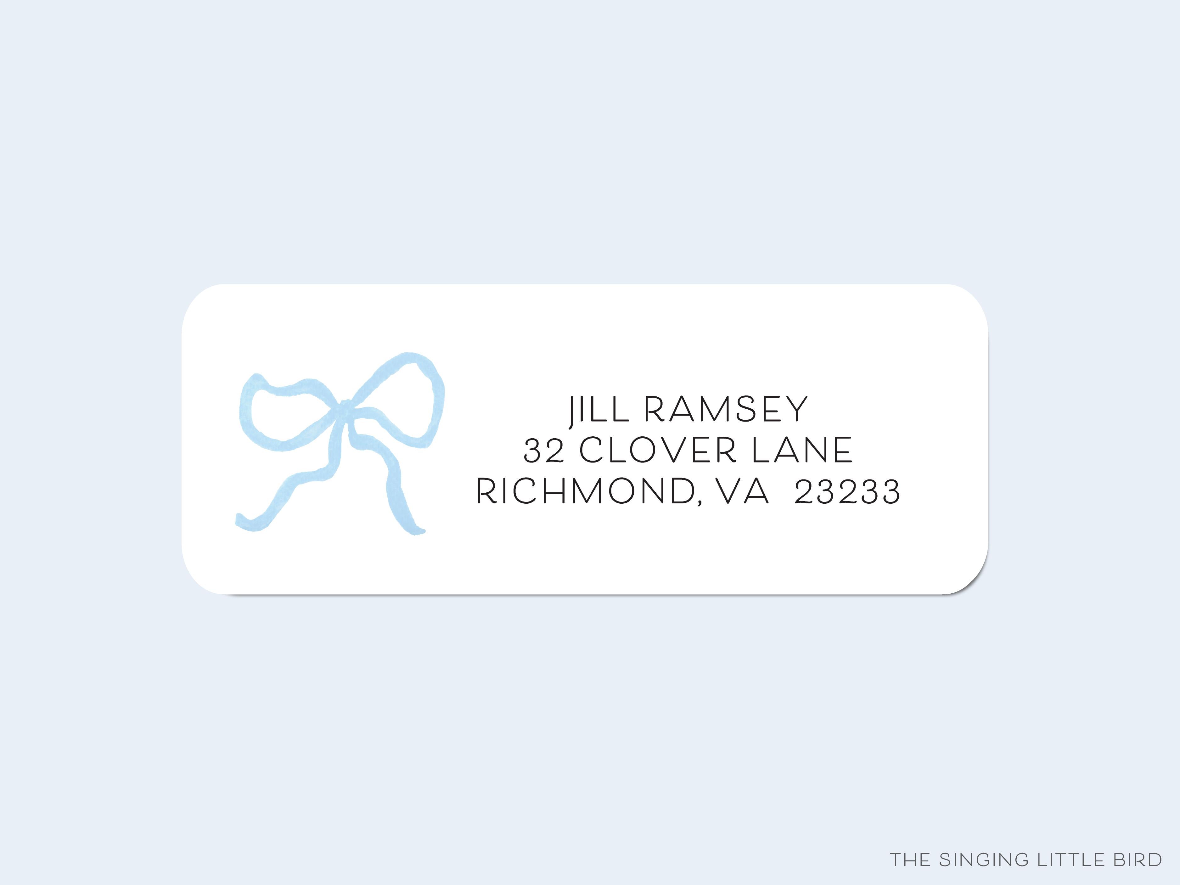 Light Blue Bow Return Address Labels-These personalized return address labels are 2.625" x 1" and feature our hand-painted watercolor bow, printed in the USA on beautiful matte finish labels. These make great gifts for yourself or the bow lover.-The Singing Little Bird