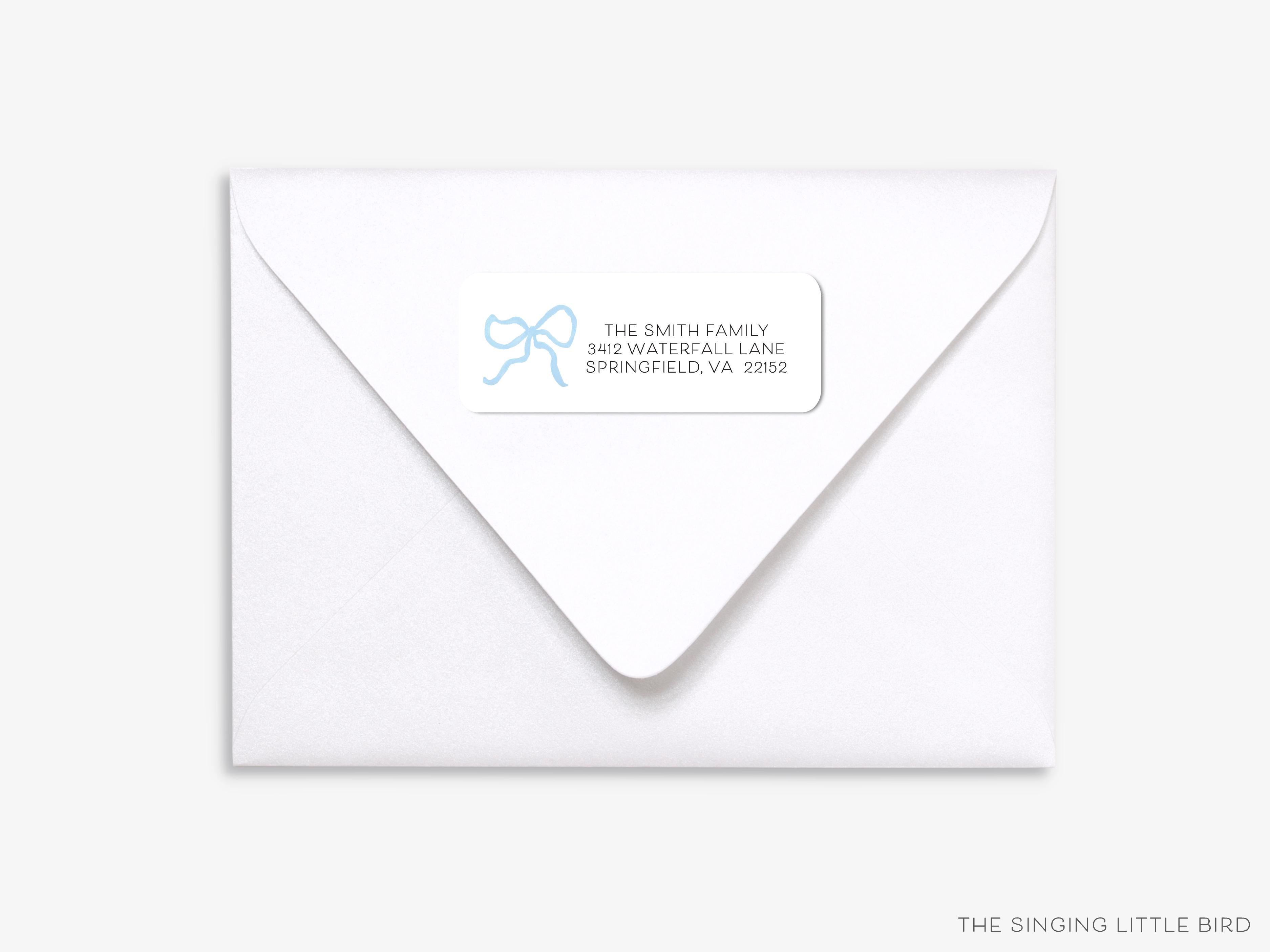 Light Blue Bow Return Address Labels-These personalized return address labels are 2.625" x 1" and feature our hand-painted watercolor bow, printed in the USA on beautiful matte finish labels. These make great gifts for yourself or the bow lover.-The Singing Little Bird