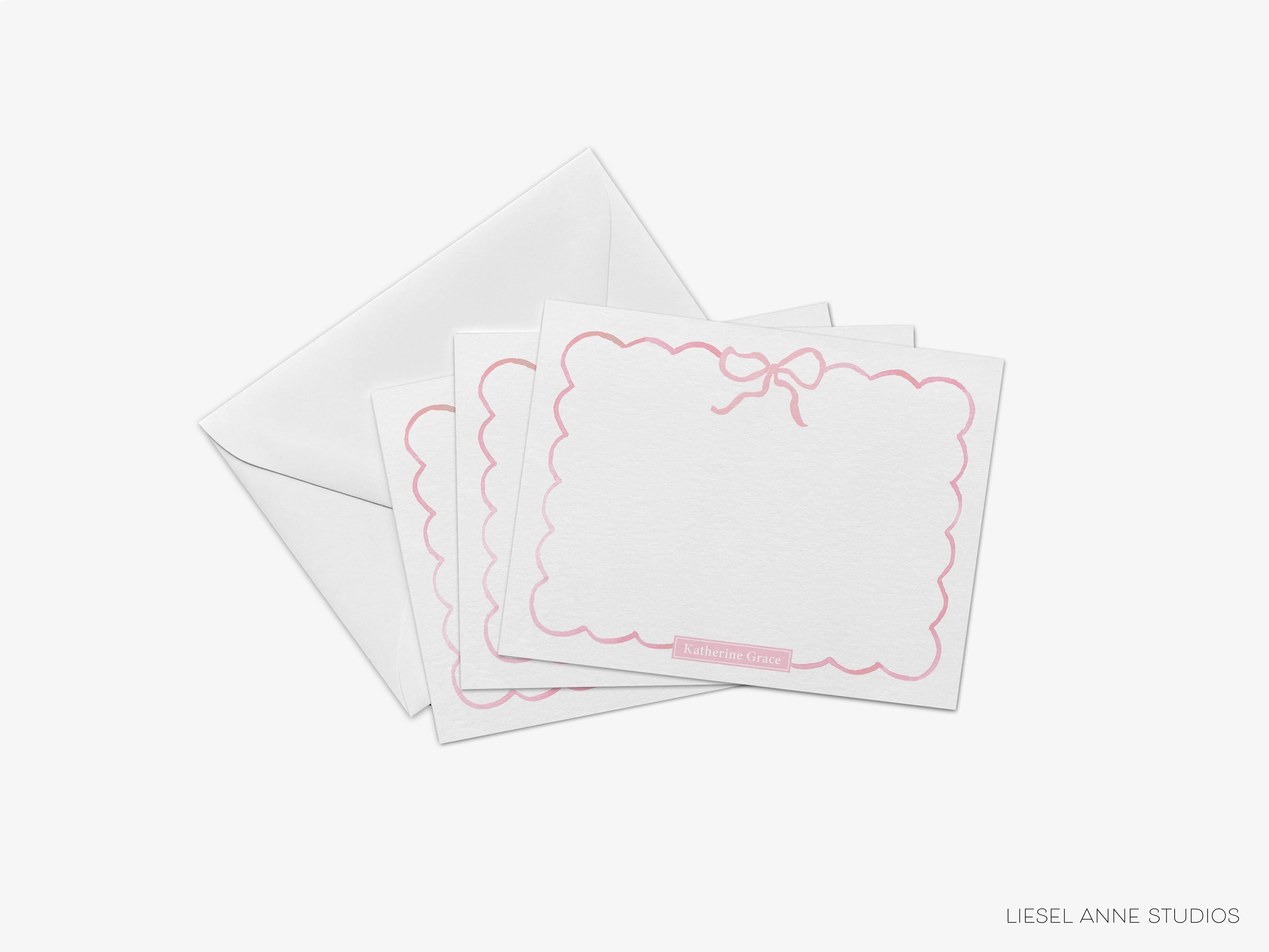 Light Pink Bow Flat Notes-These personalized flat notecards are 4.25x5.5 and feature our hand-painted watercolor pink bow, printed in the USA on 120lb textured stock. They come with your choice of envelopes and make great thank yous and gifts for the bow lover in your life.-The Singing Little Bird