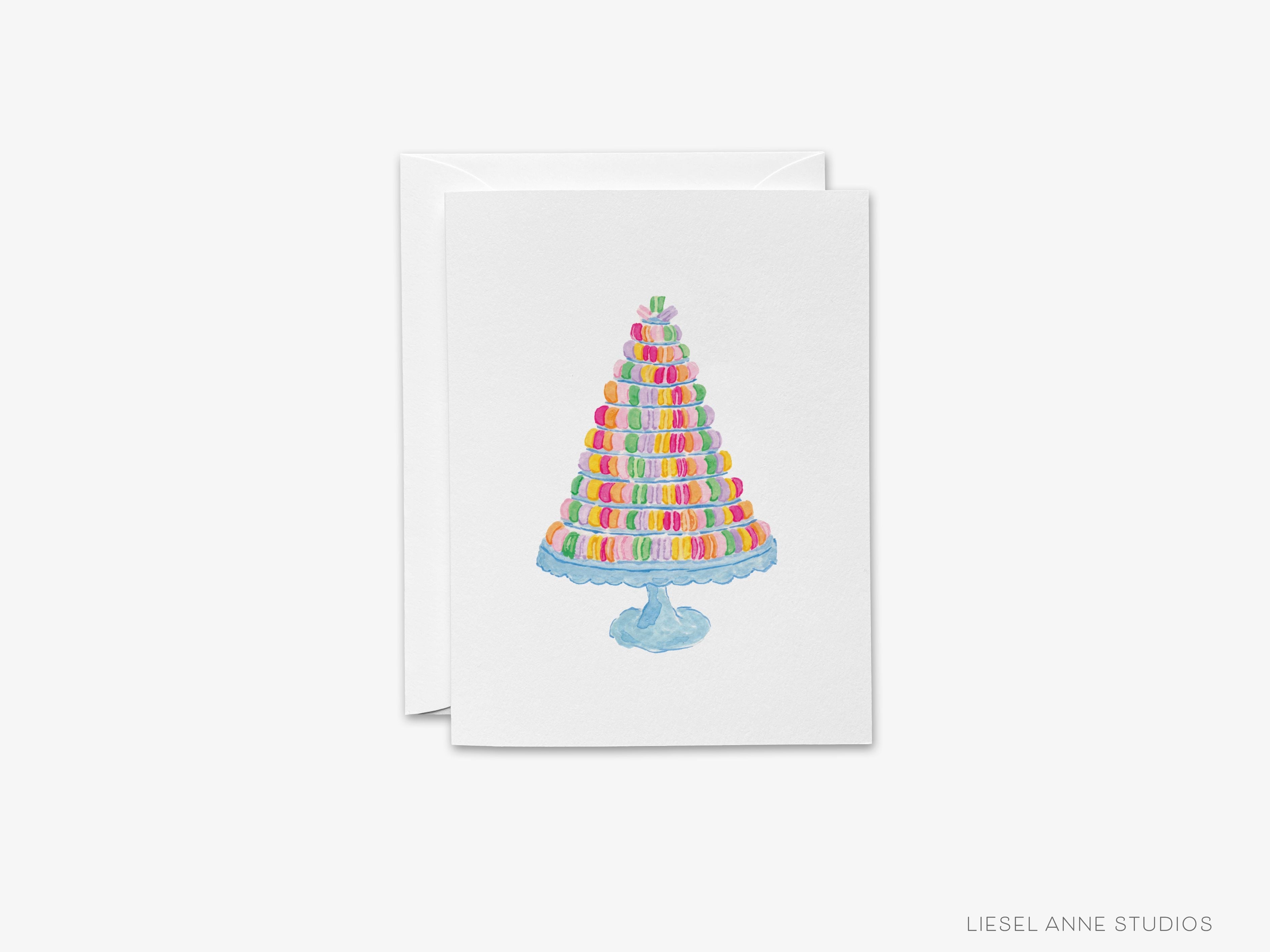 Macaron Tower Greeting Card-These folded cheers cards are 4.25x5.5 and feature our hand-painted watercolor macarons, printed in the USA on 100lb textured stock. They come with a white envelope and make a thoughtful birthday card for a family member or friend.-The Singing Little Bird