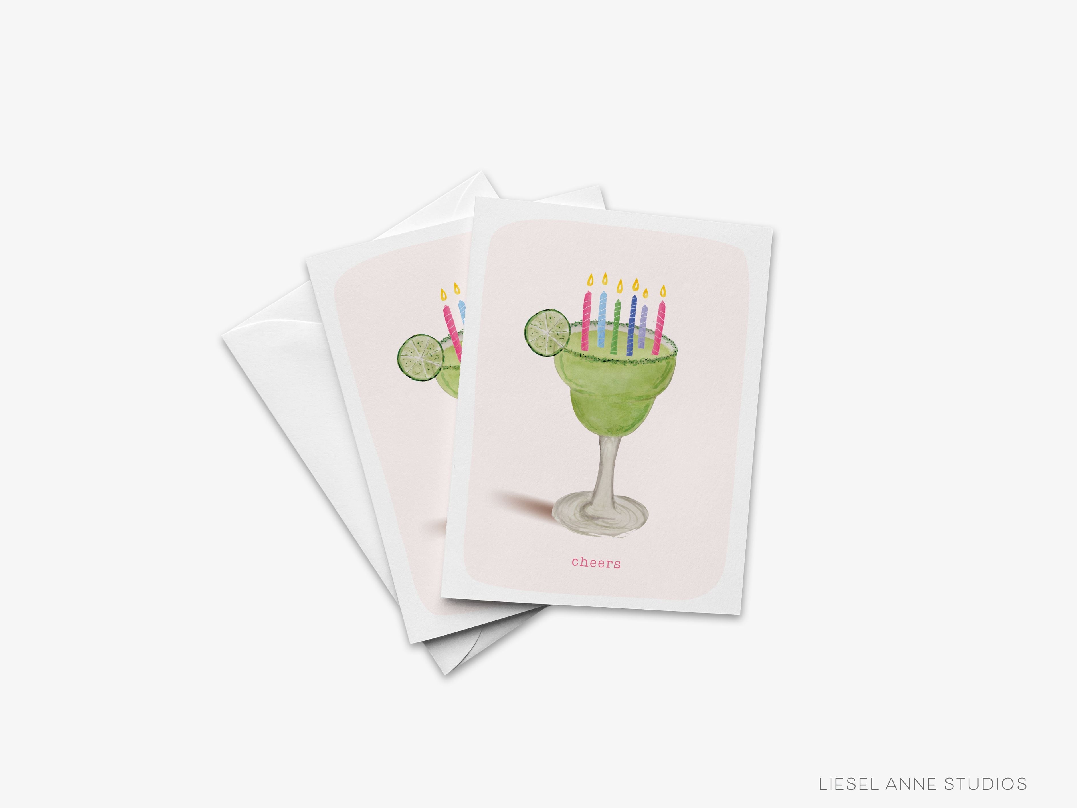 Margarita Cheers Greeting Card-These folded cheers cards are 4.25x5.5 and feature our hand-painted watercolor margarita glass, printed in the USA on 100lb textured stock. They come with a white envelope and make a thoughtful birthday card for a family member or friend.-The Singing Little Bird